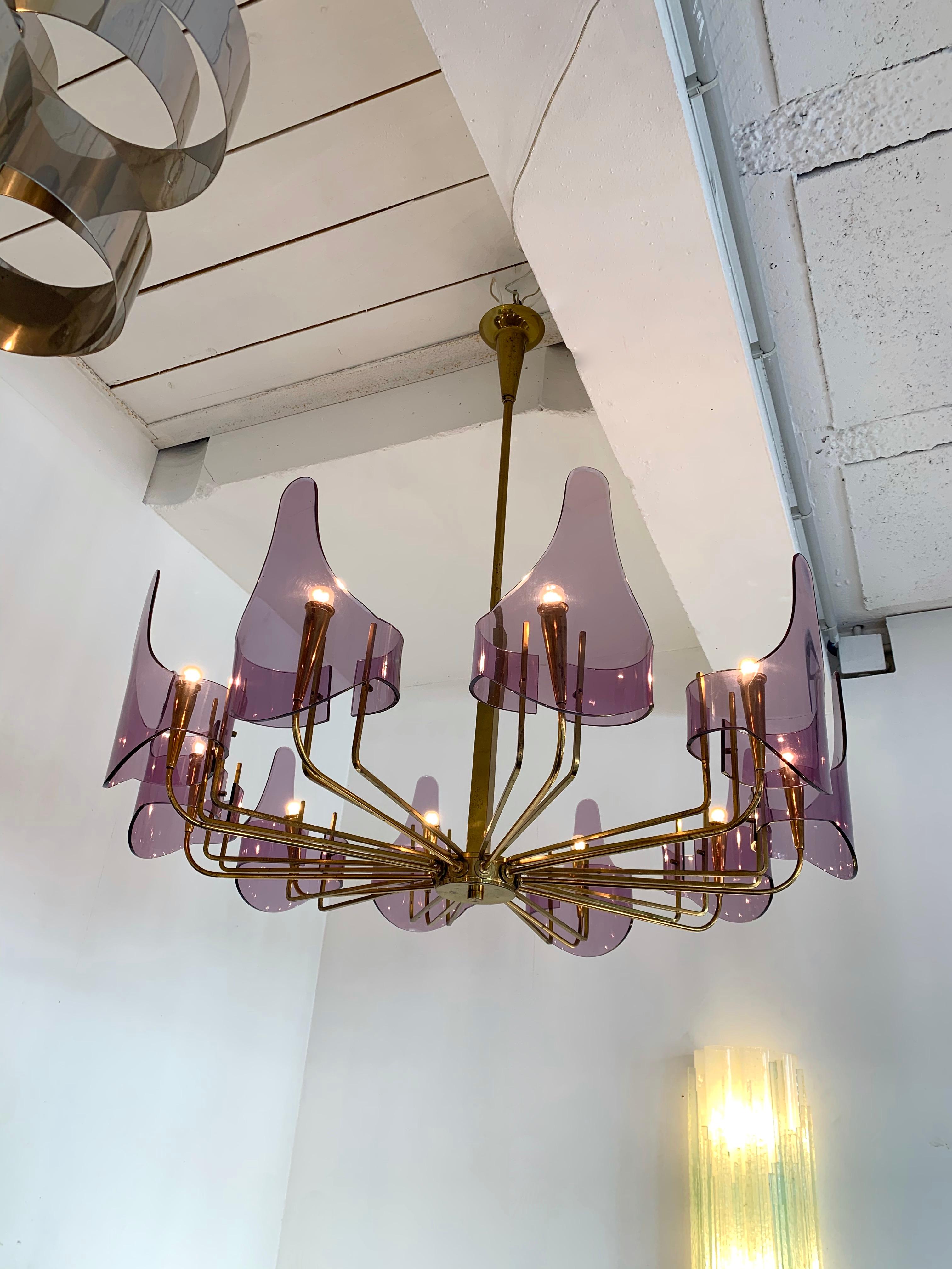 Italian Brass and Lucite Chandelier by Stilux Milano, Italy, 1960s