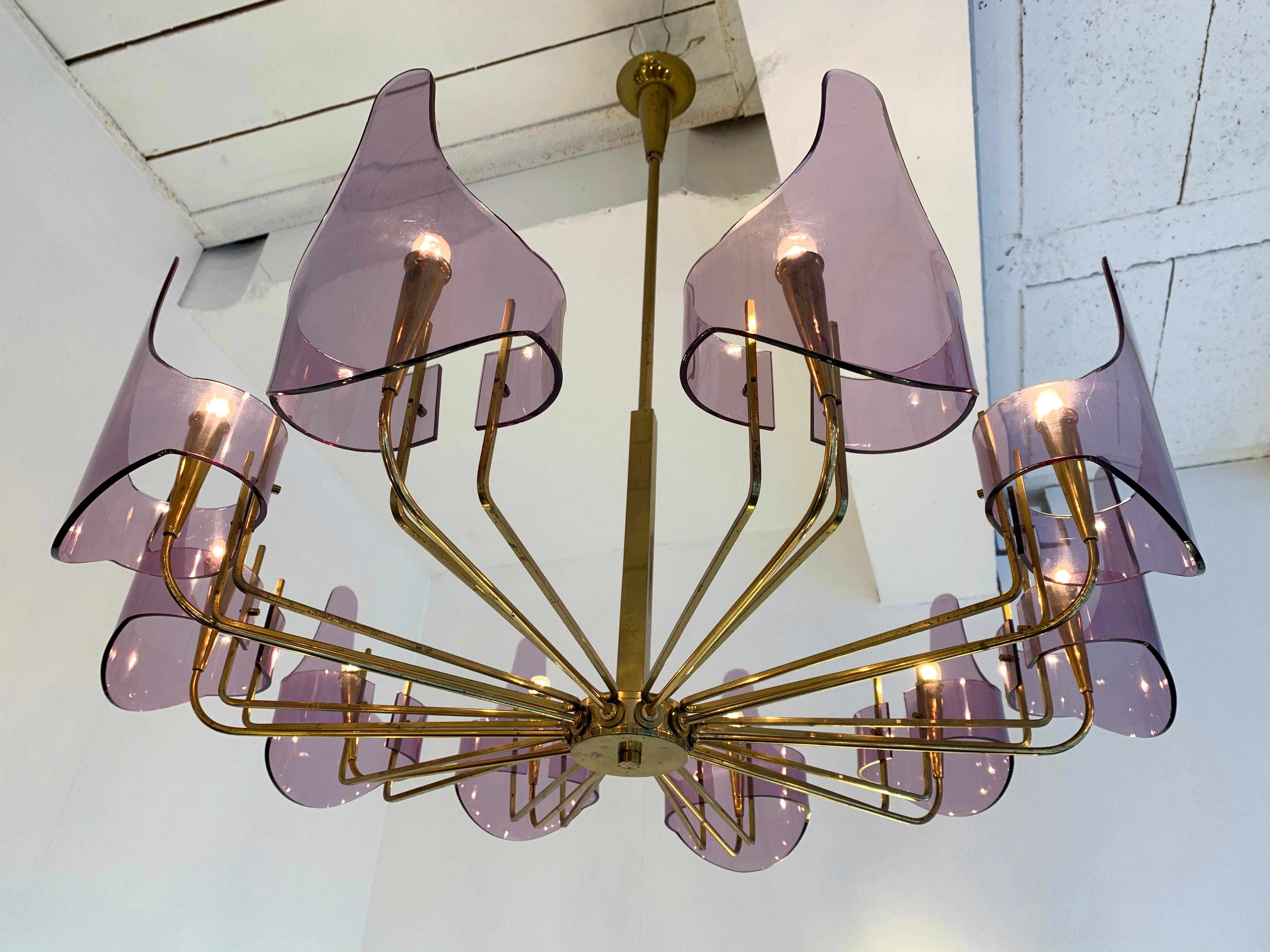 Brass and Lucite Chandelier by Stilux Milano, Italy, 1960s 1