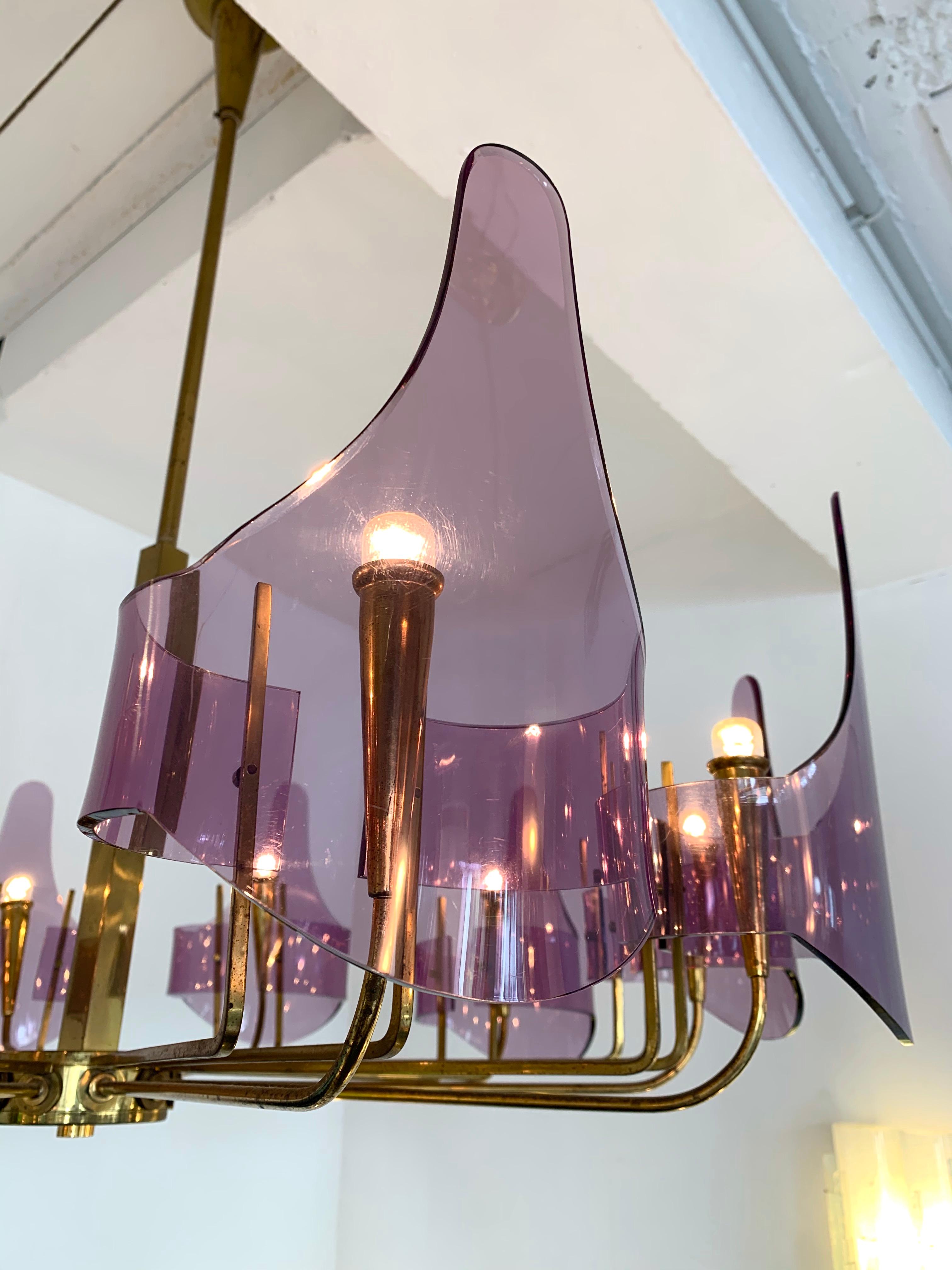 Brass and Lucite Chandelier by Stilux Milano, Italy, 1960s 3
