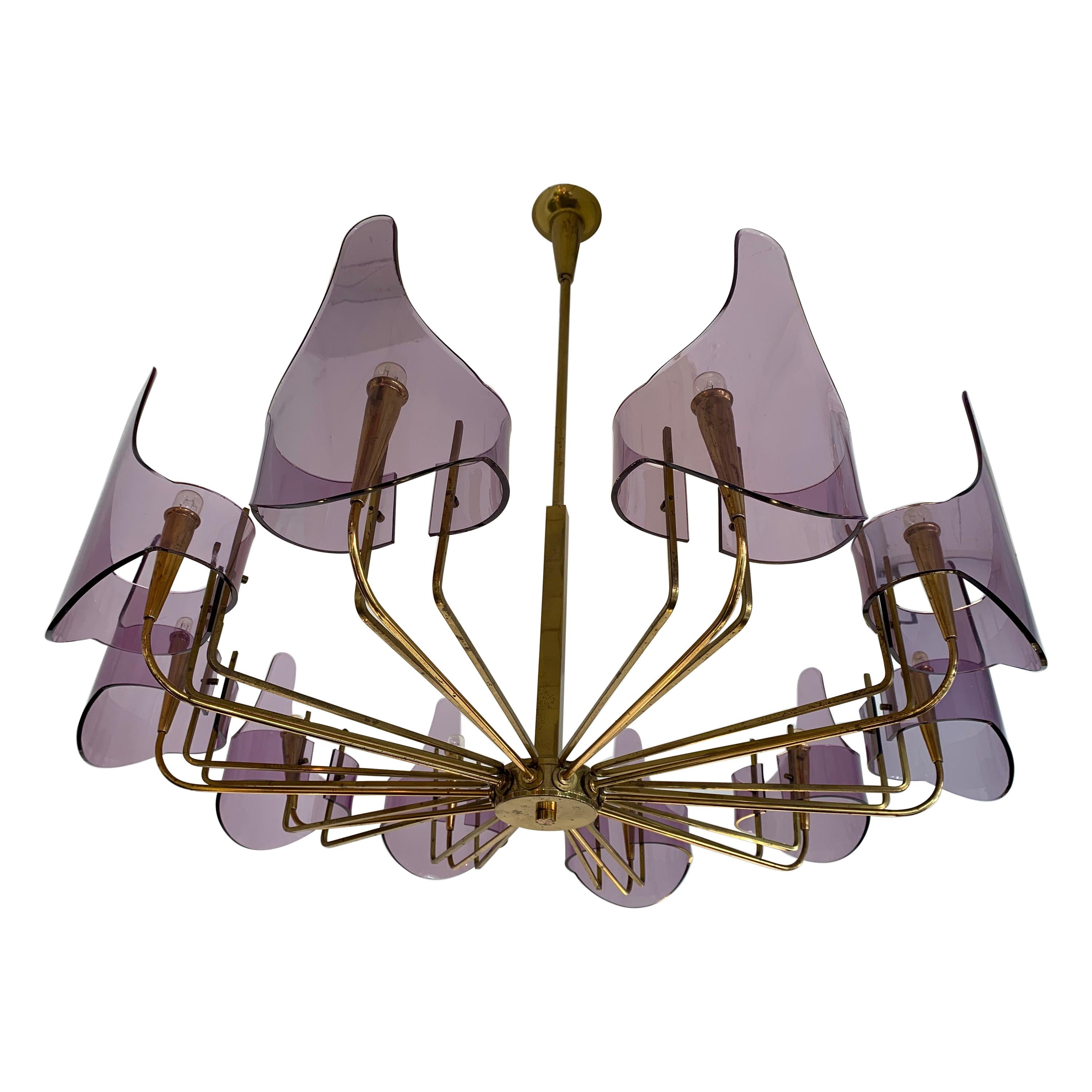 Brass and Lucite Chandelier by Stilux Milano, Italy, 1960s