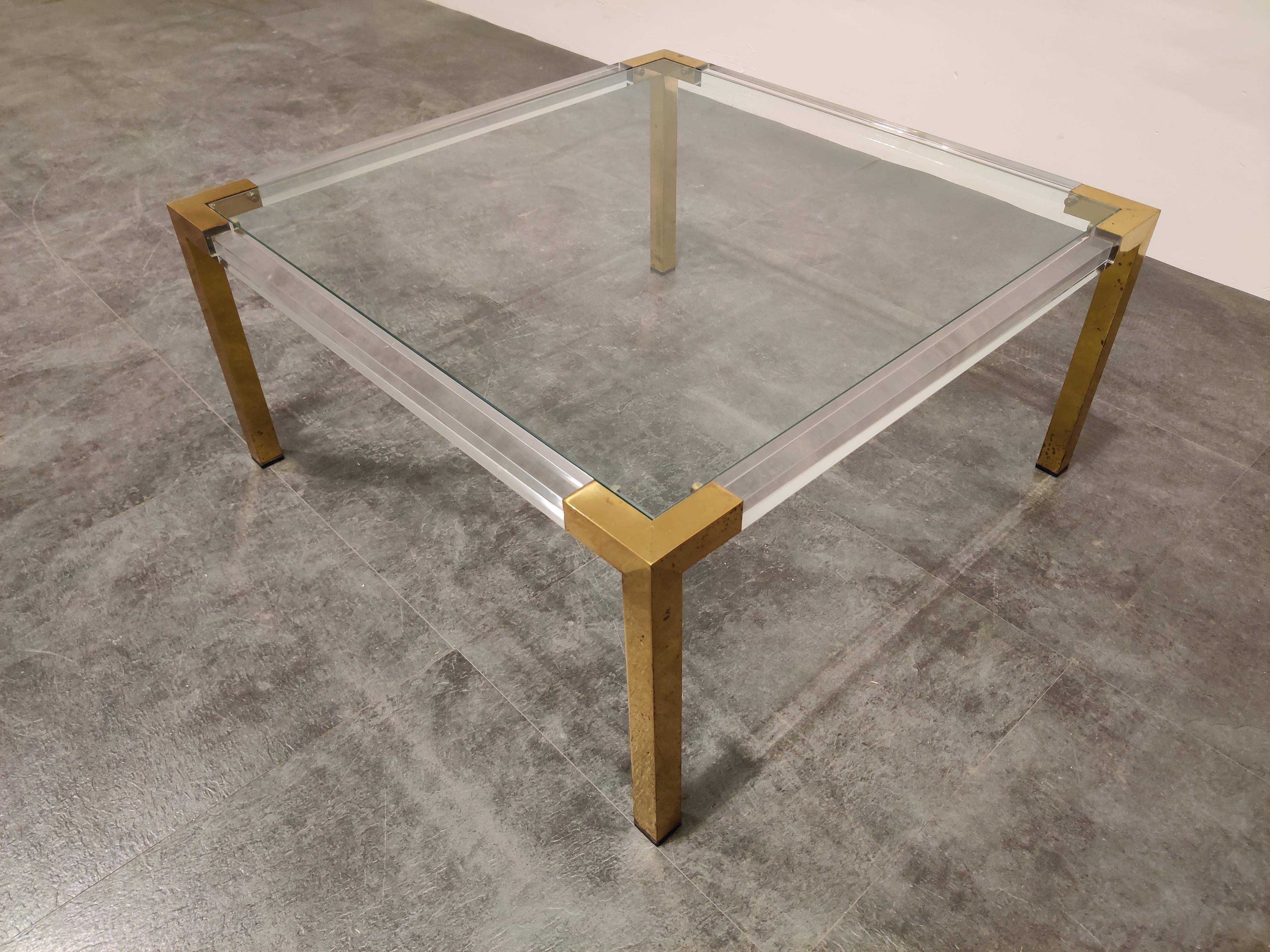 Hollywood Regency Brass and Lucite Coffee Table, 1970s