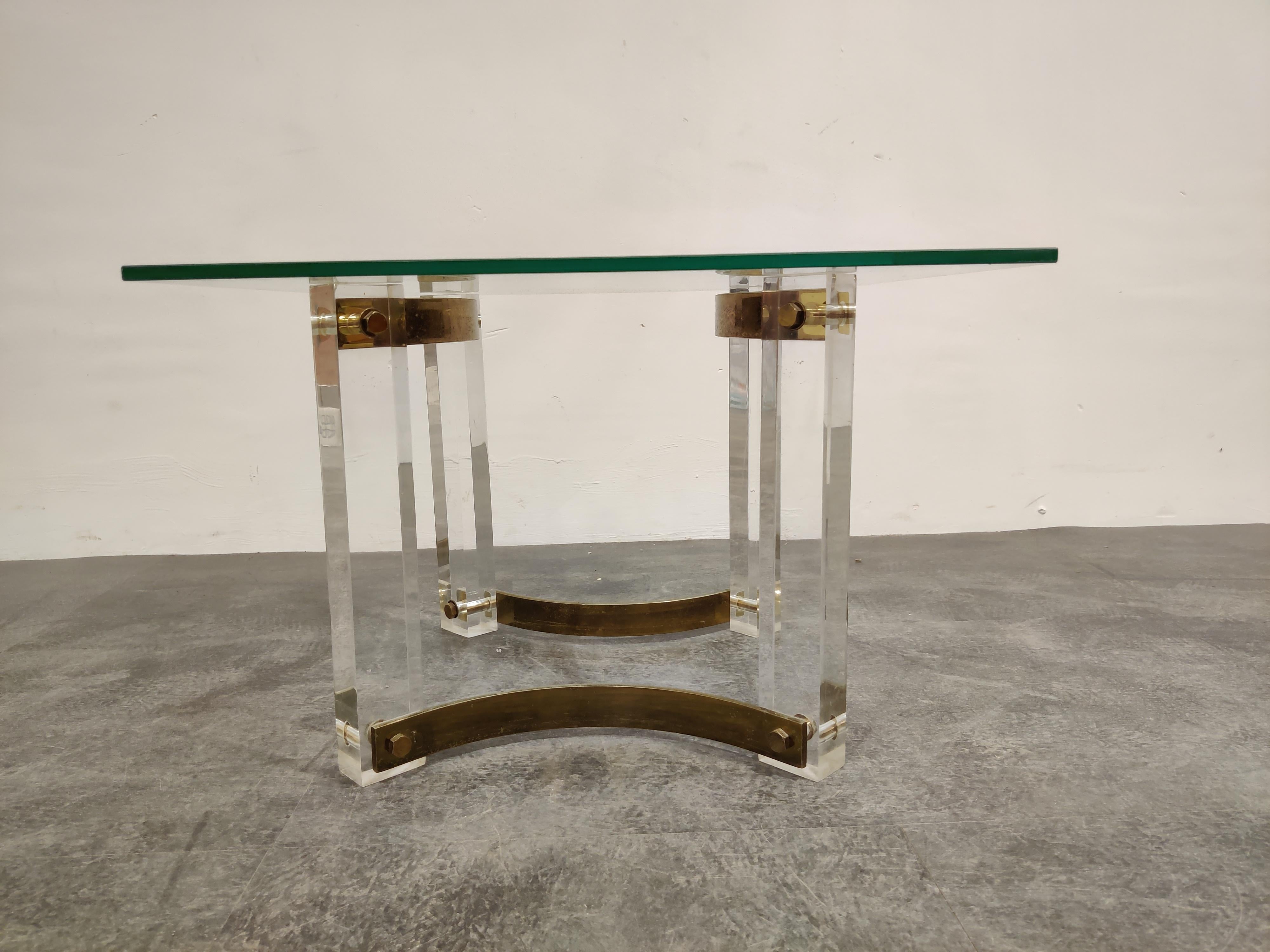 Hollywood Regency Brass and Lucite Coffee Table, 1970s For Sale