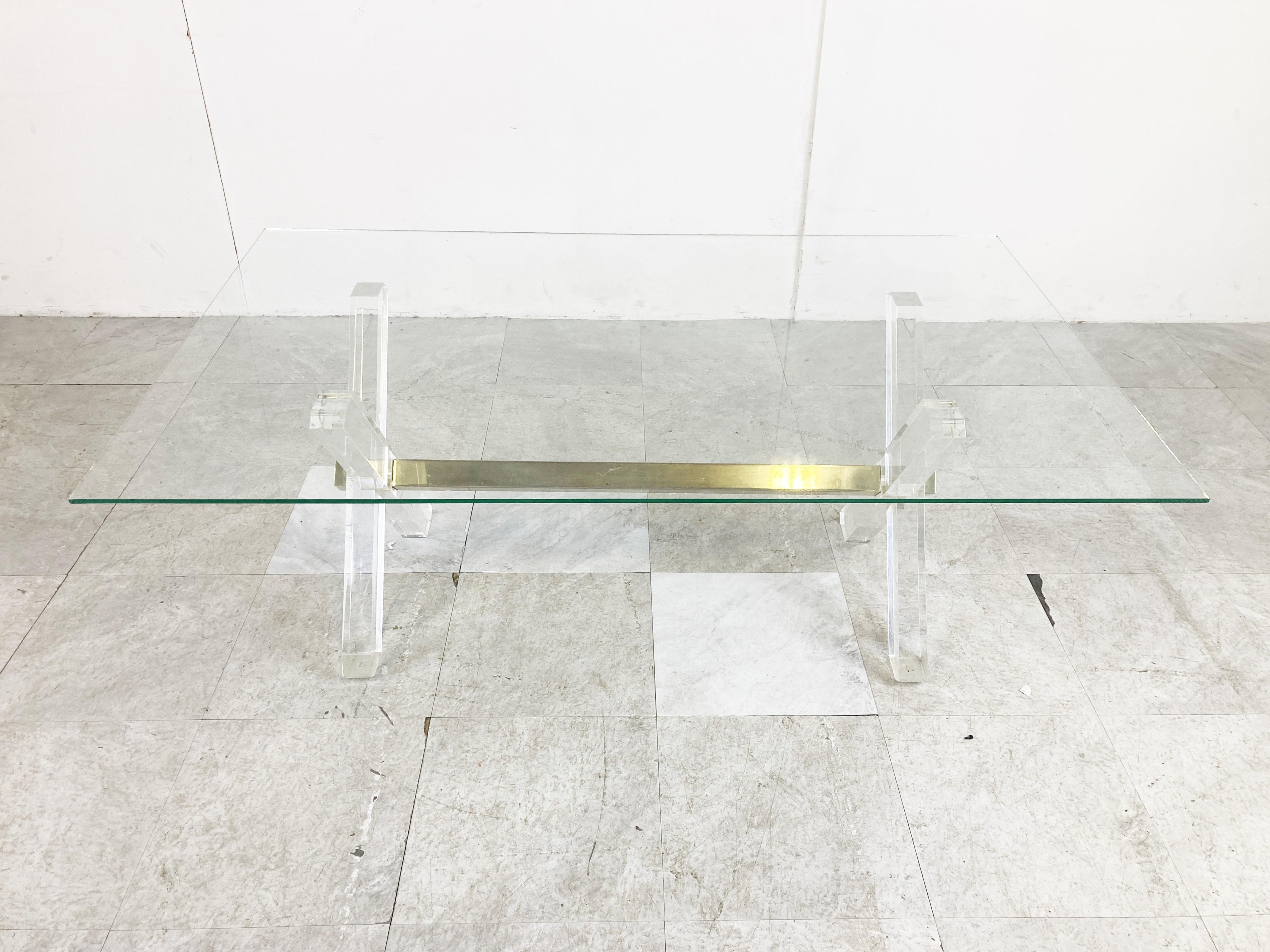 Hollywood Regency Brass and Lucite Coffee Table, 1970s For Sale