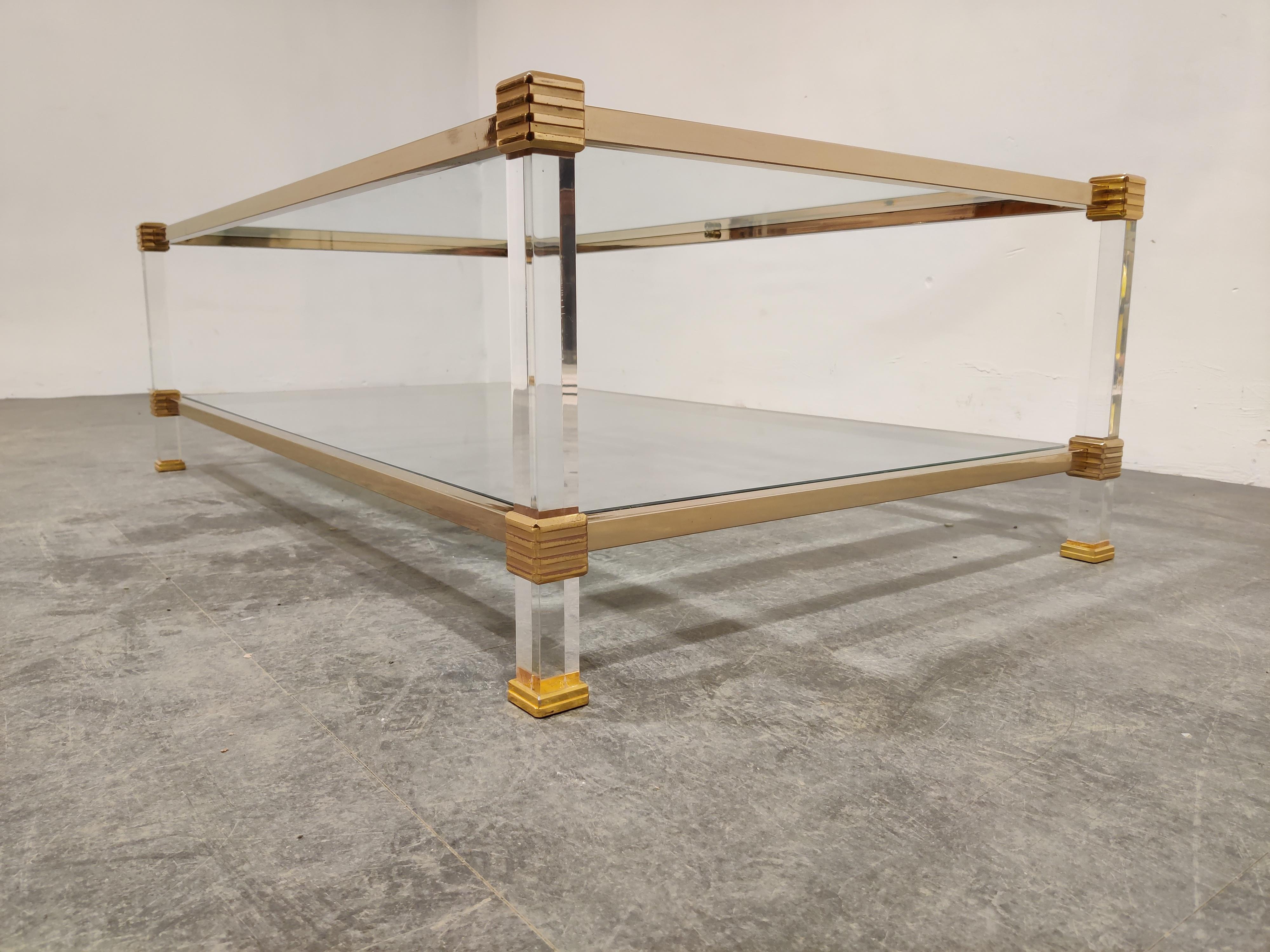 French Brass and Lucite Coffee Table, 1970s