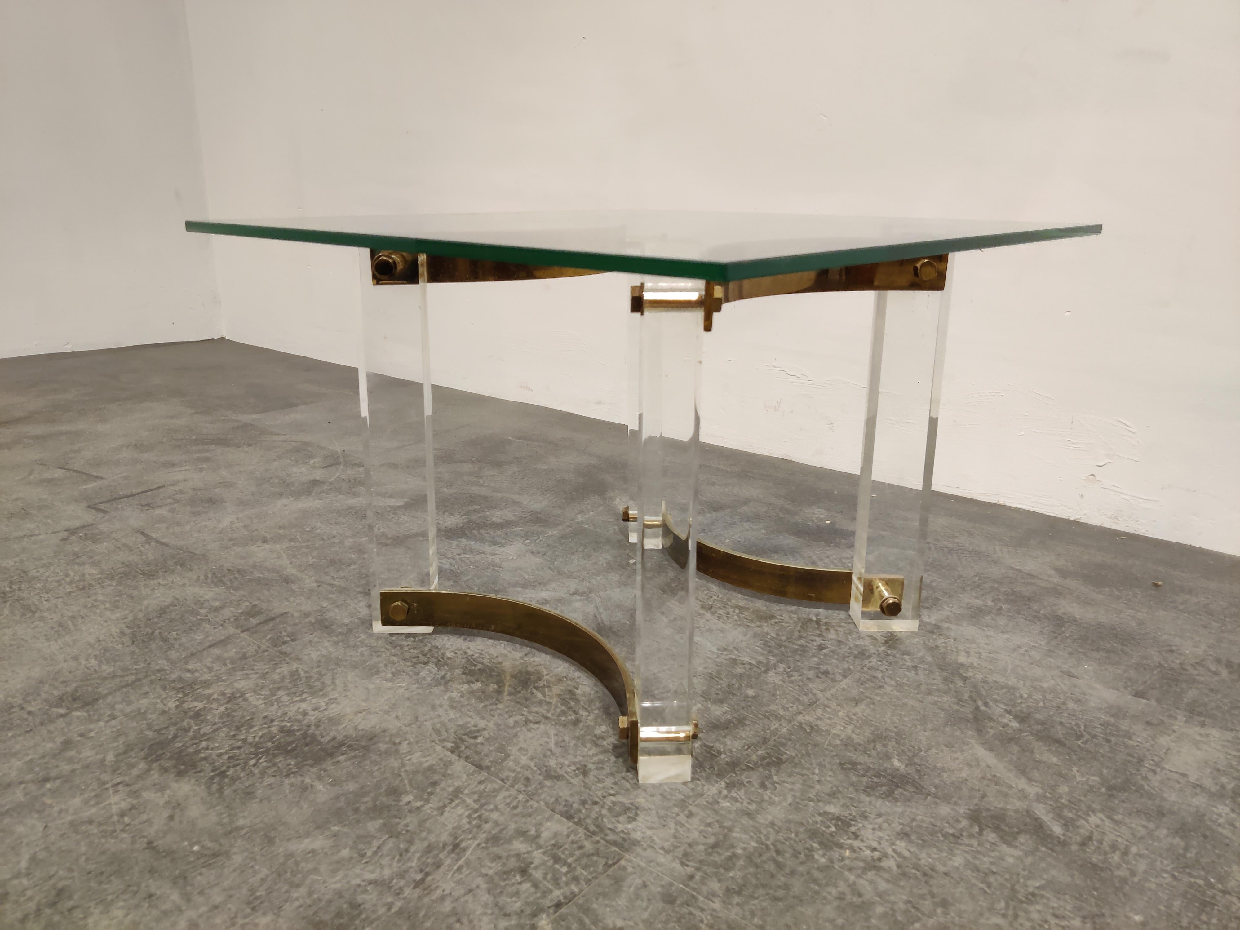 French Brass and Lucite Coffee Table, 1970s For Sale