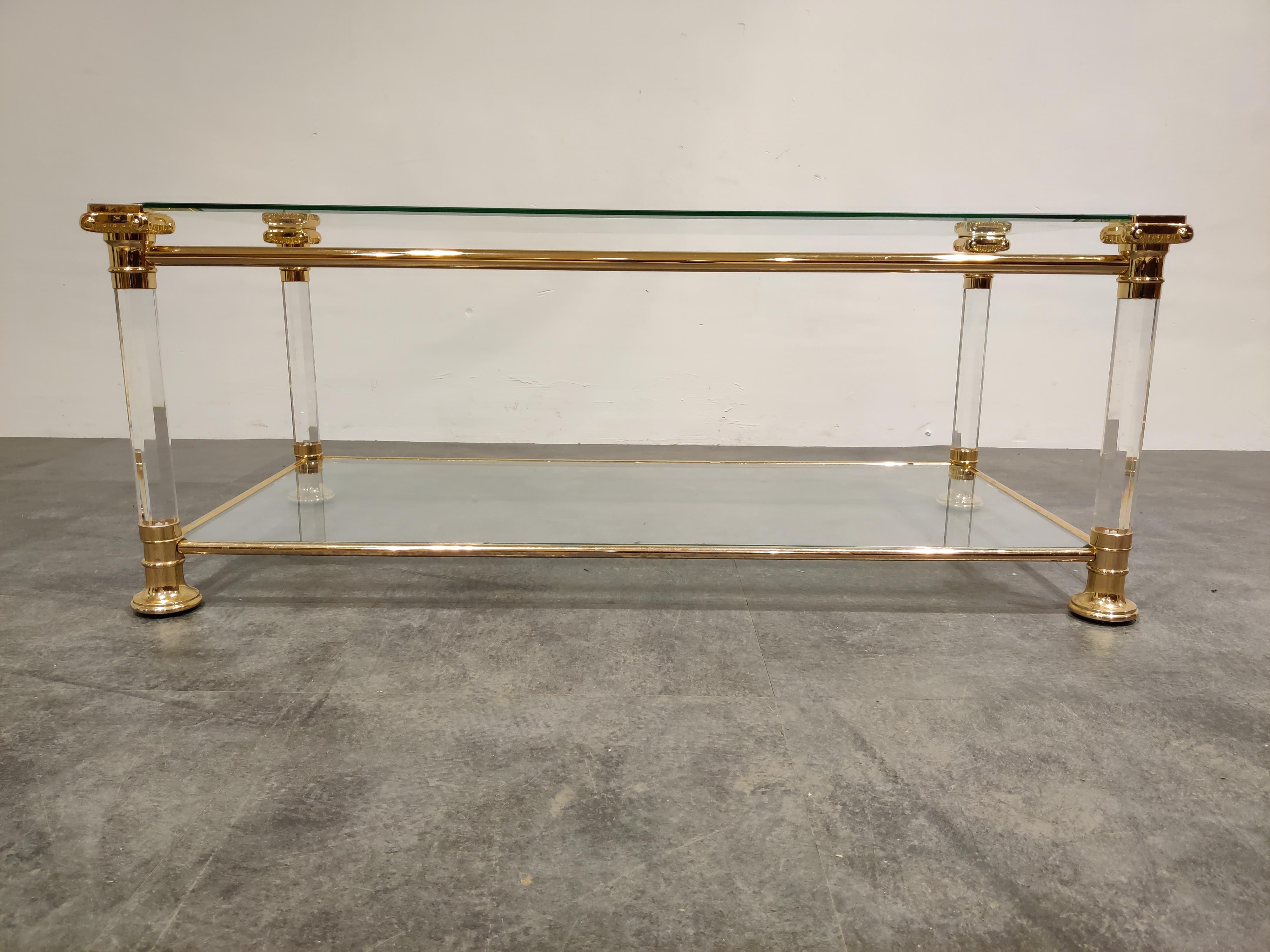 French Brass and Lucite Coffee Table, 1970s
