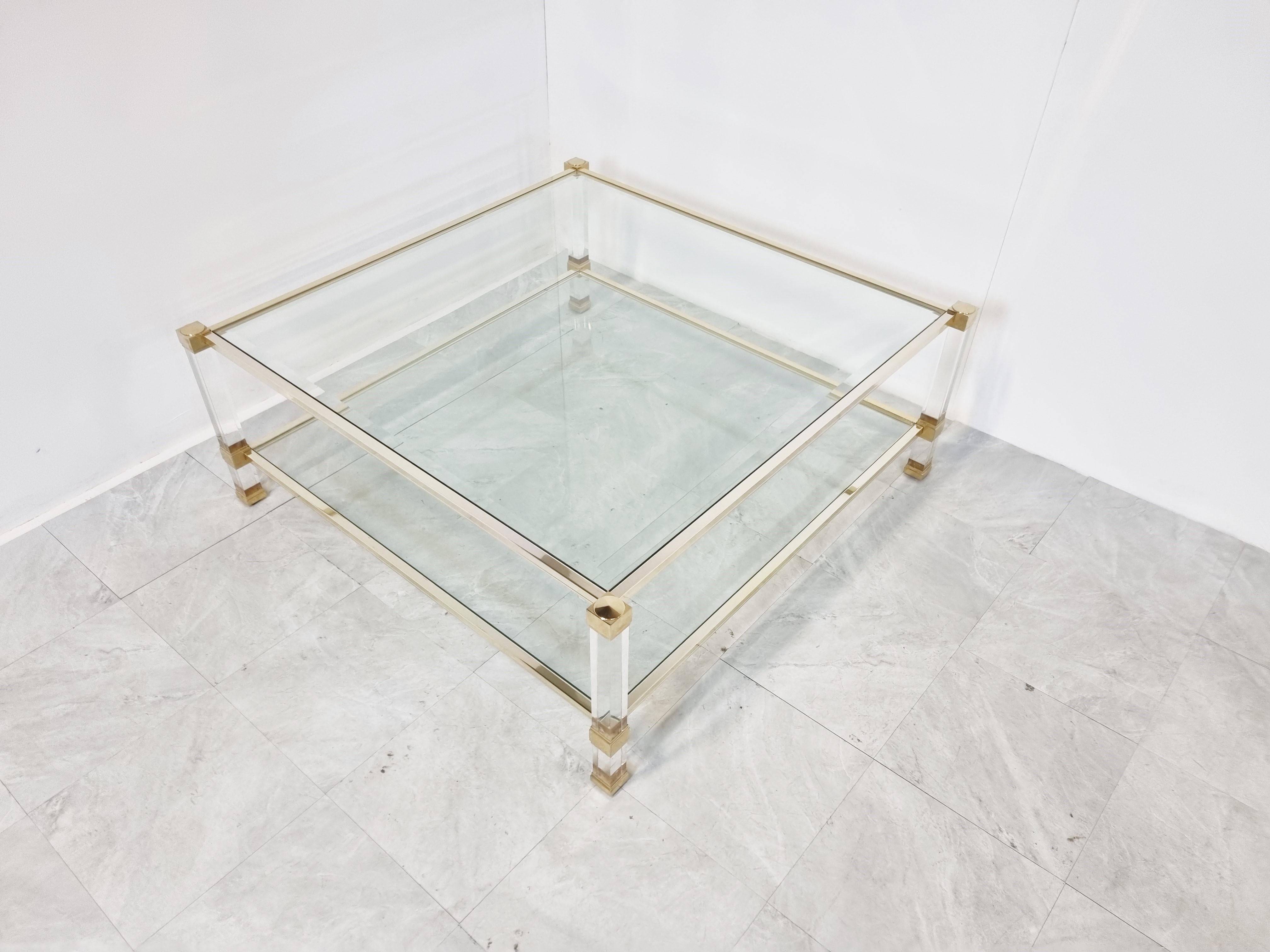 Hollywood Regency Brass and Lucite Coffee Table, 1970s