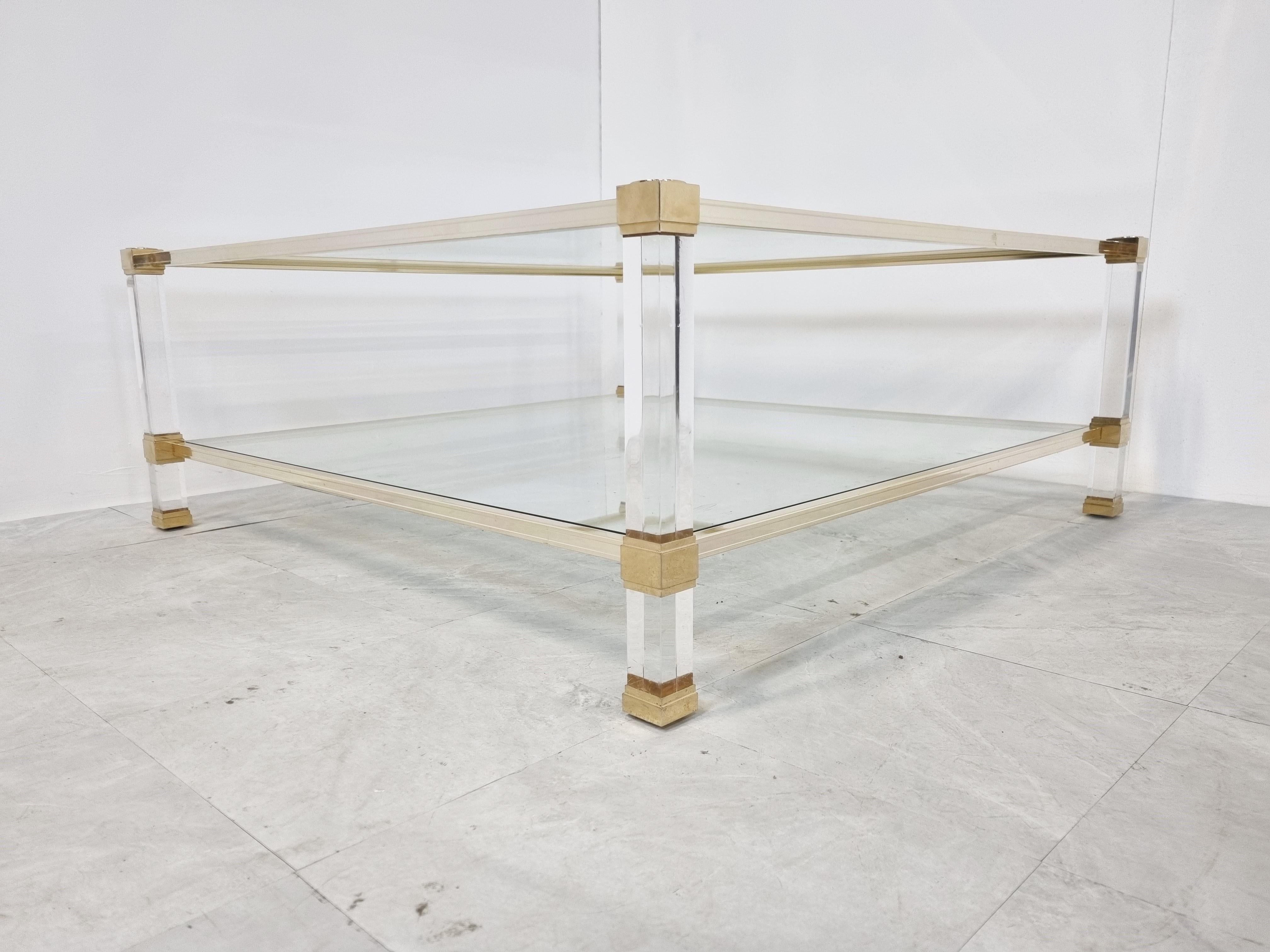 French Brass and Lucite Coffee Table, 1970s