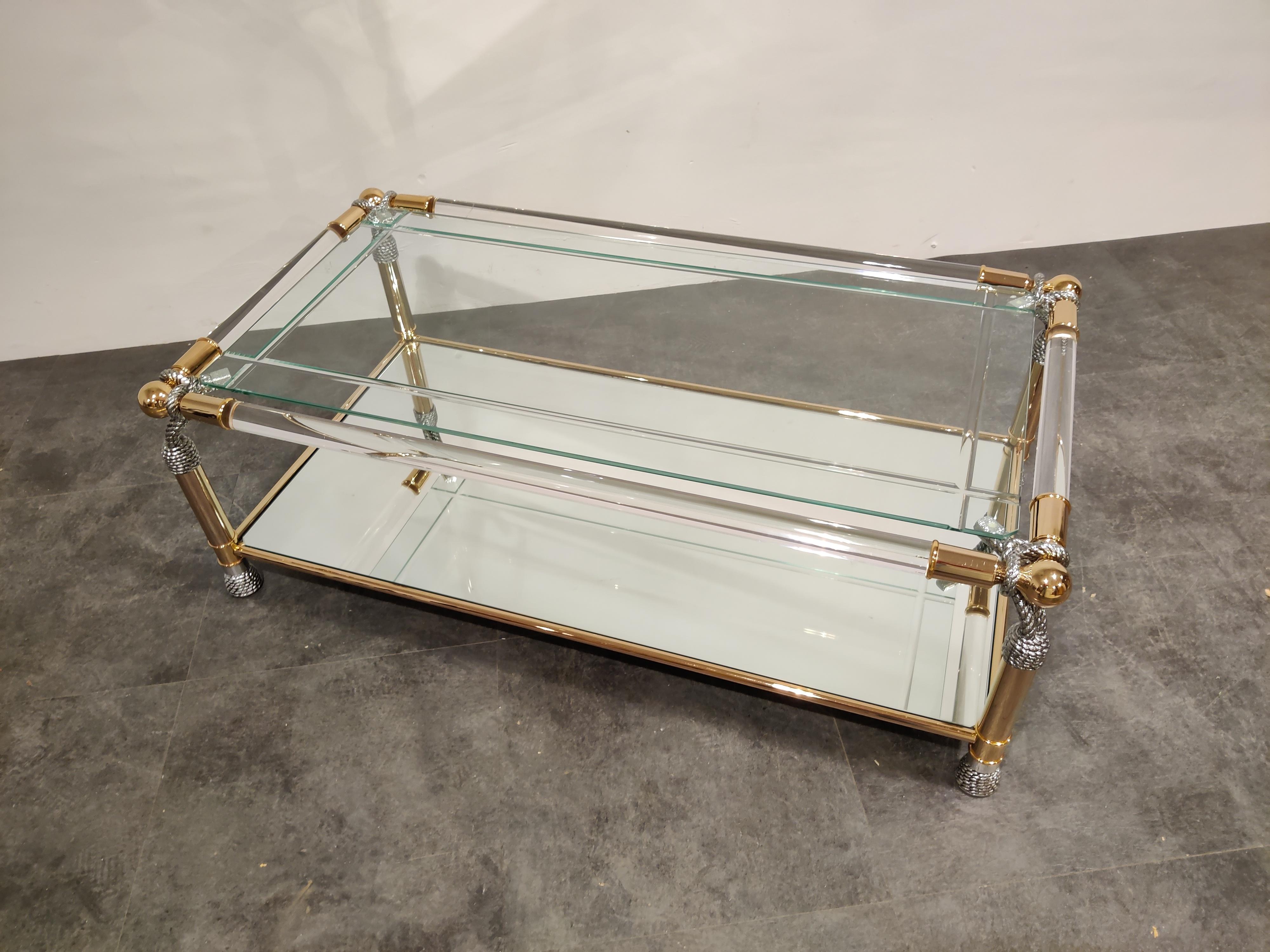 Hollywood Regency Brass and Lucite Coffee Table, 1980s
