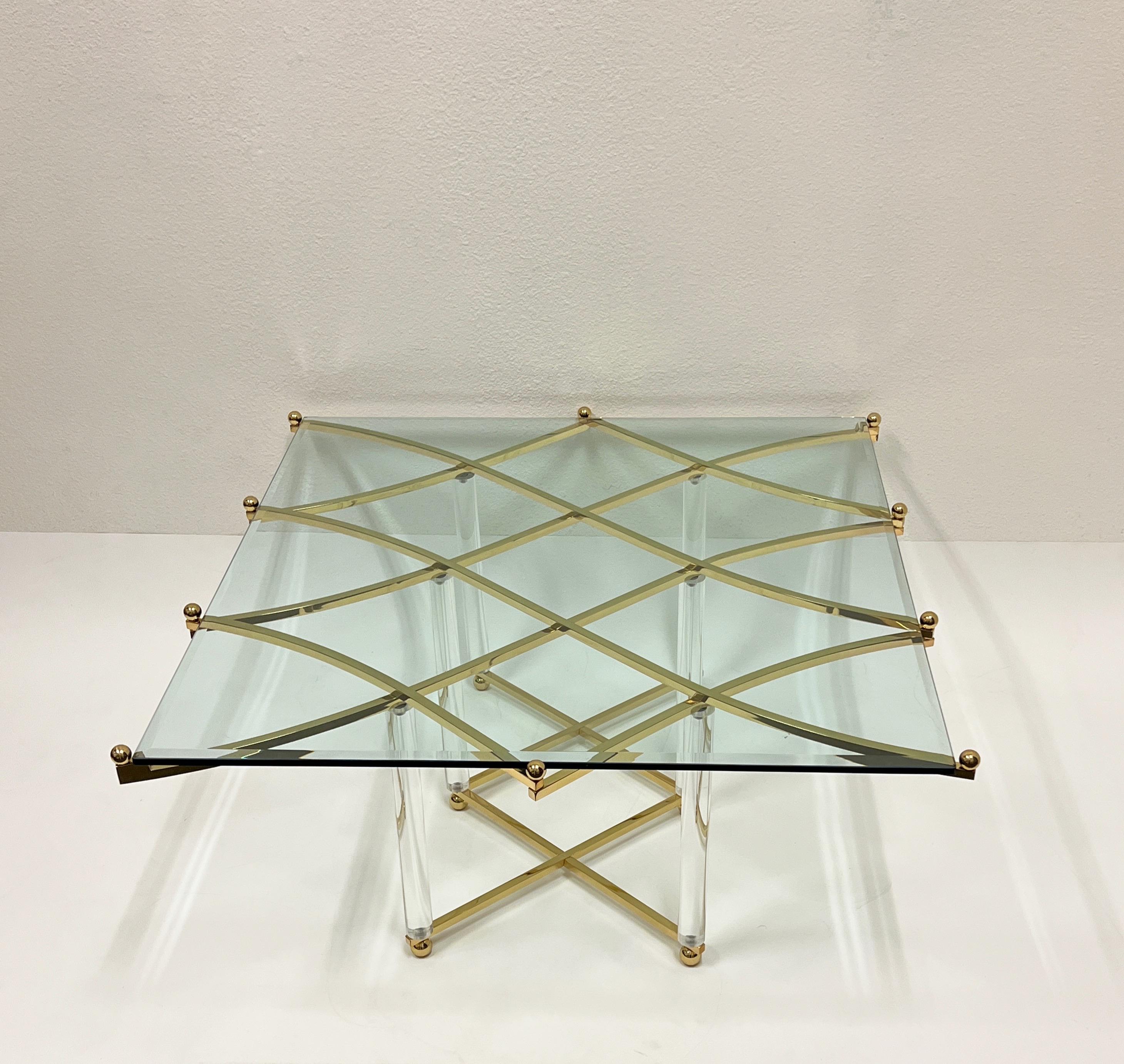 Polished Brass and Lucite Coffee Table By Charles Hollis Jones For Sale