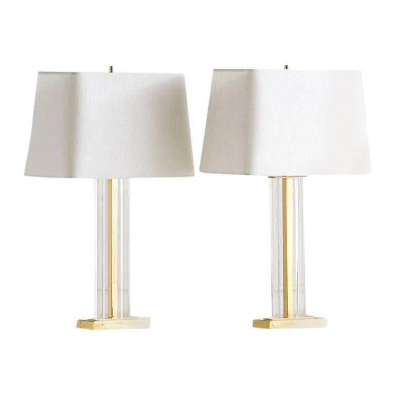 Brass and Lucite Column Lamps, Pair, France