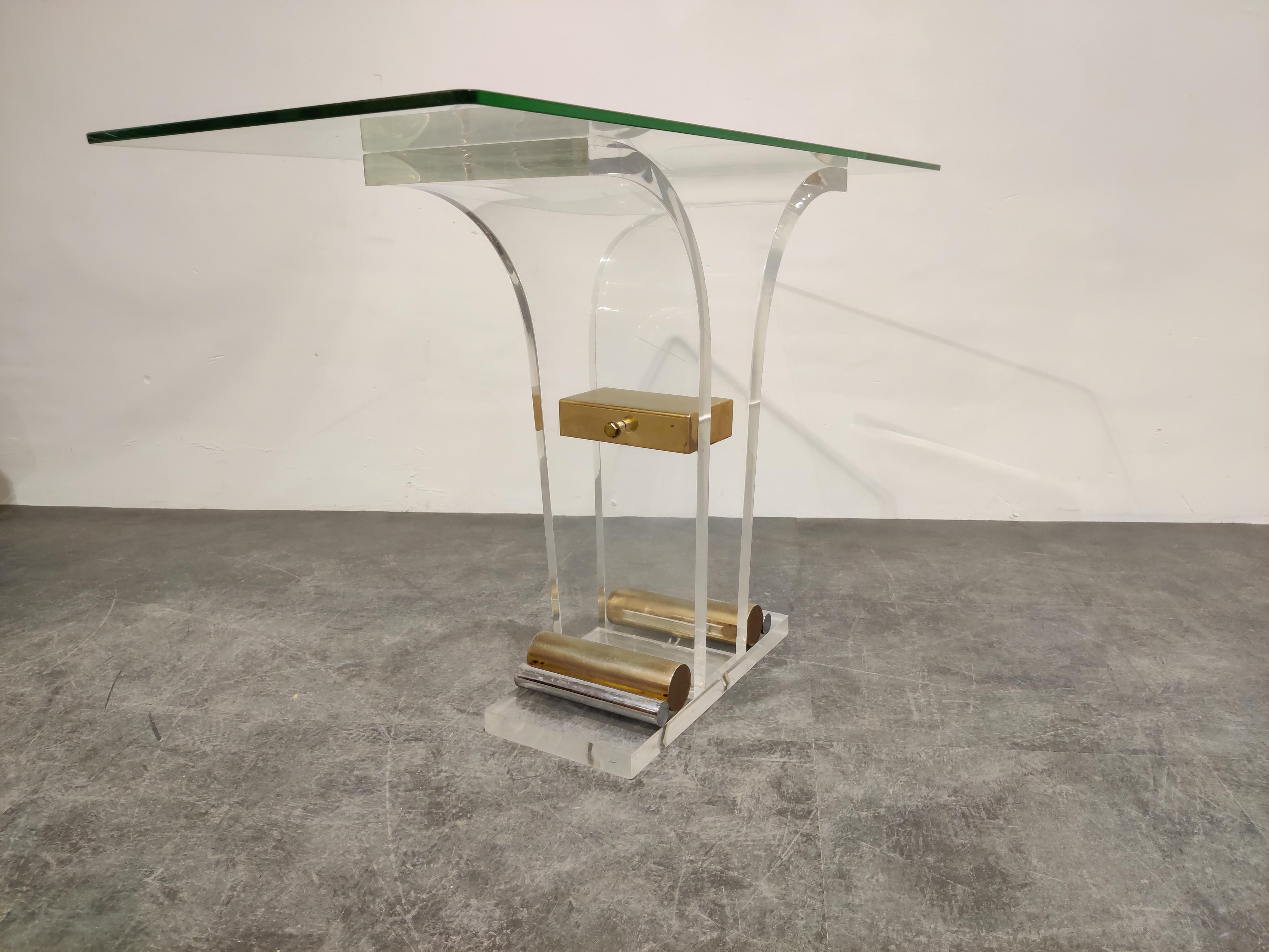 French Brass and Lucite Console Table, 1970s
