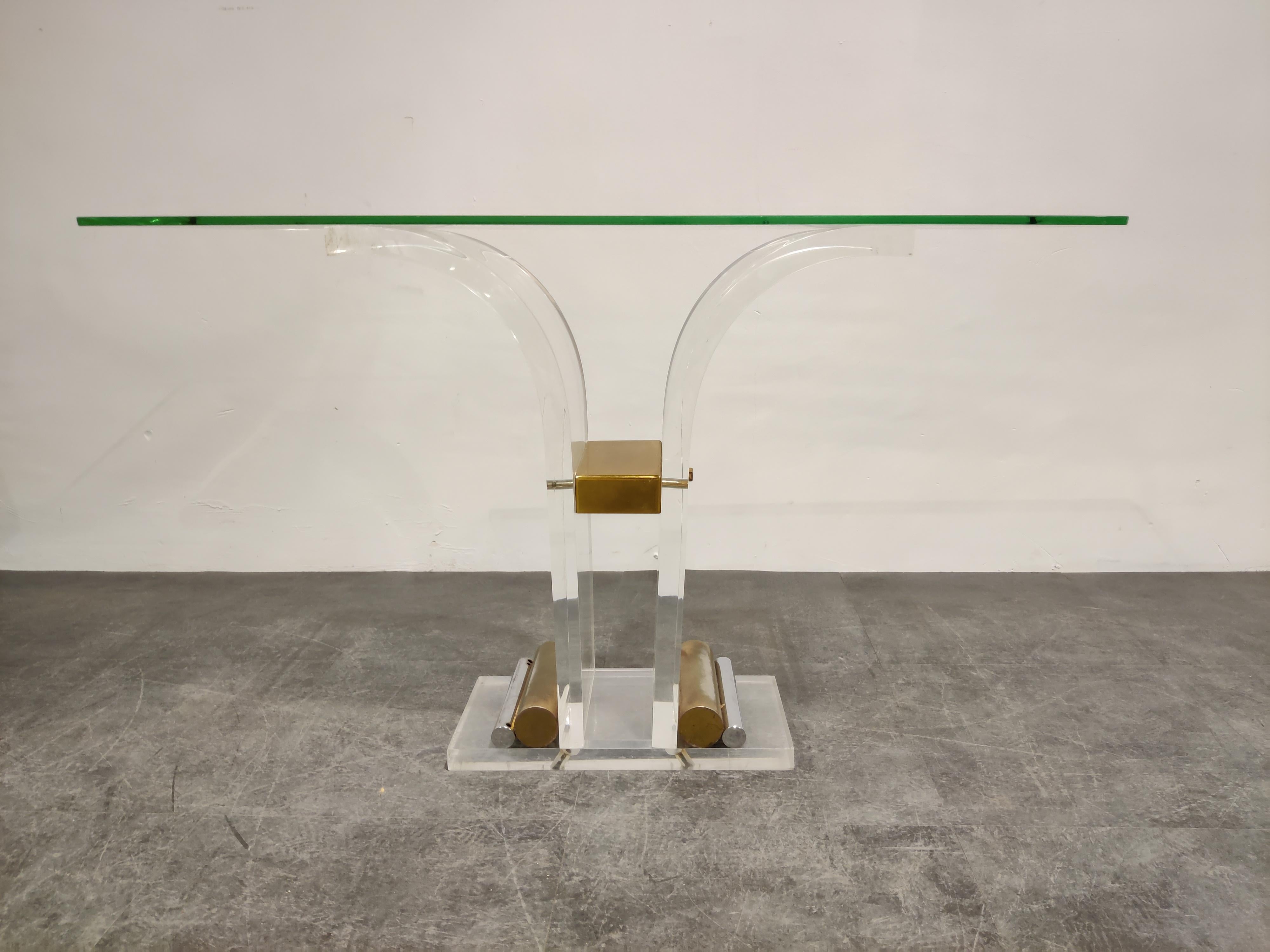 Brass and Lucite Console Table, 1970s In Fair Condition In HEVERLEE, BE