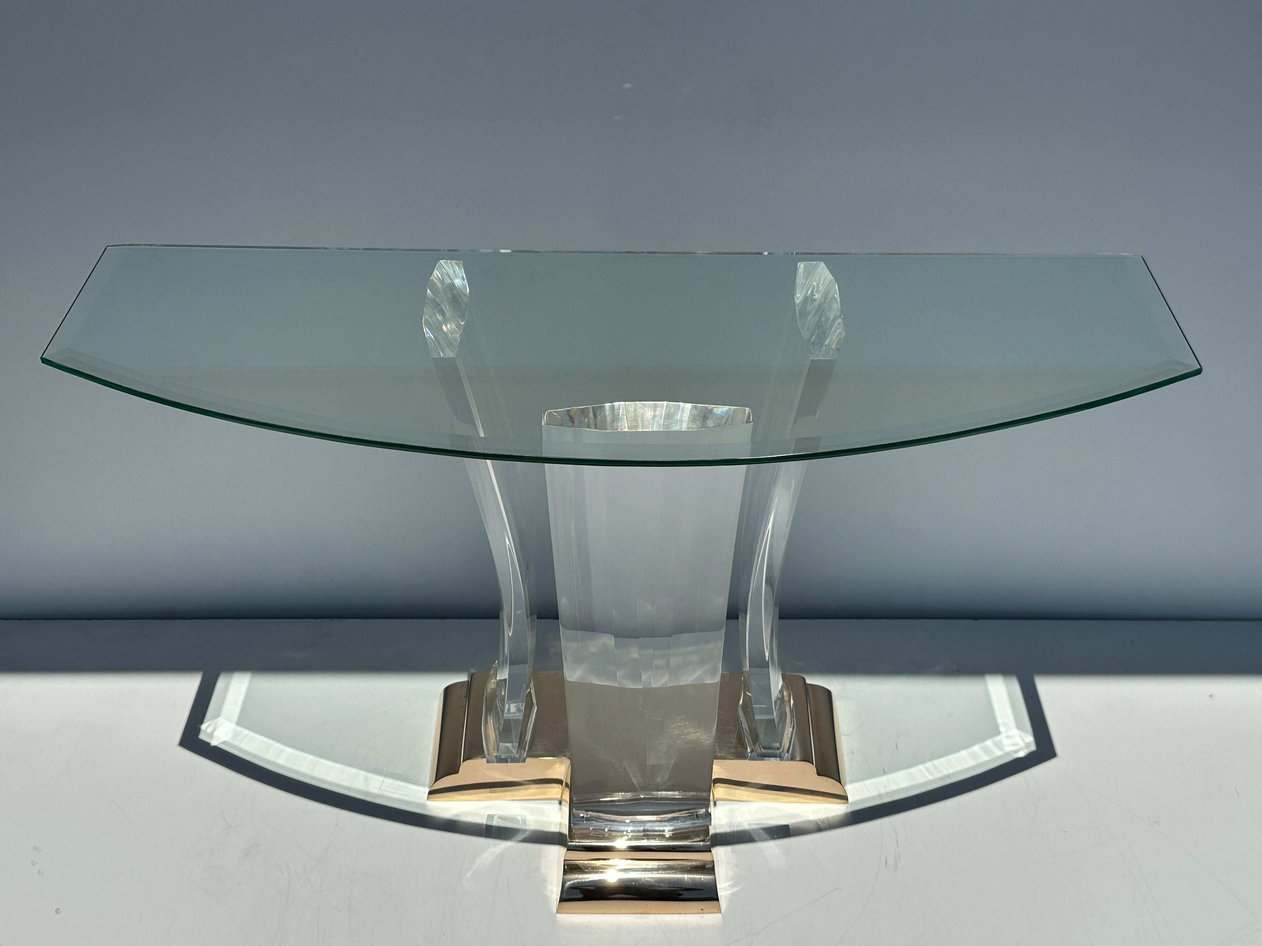 Hollywood Regency Brass and Lucite Console Table Attributed to Jeffrey Bigelow For Sale