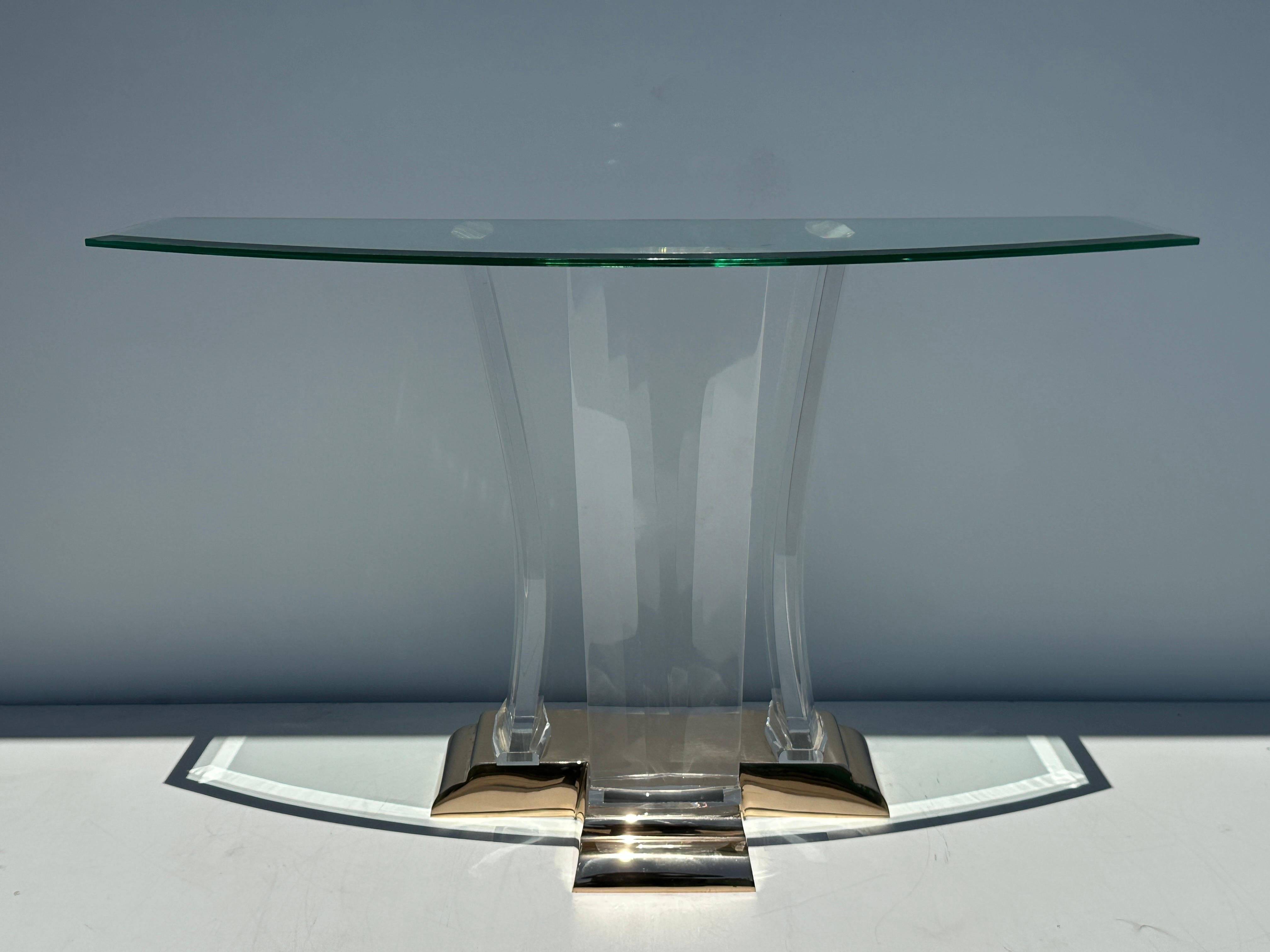 American Brass and Lucite Console Table Attributed to Jeffrey Bigelow For Sale