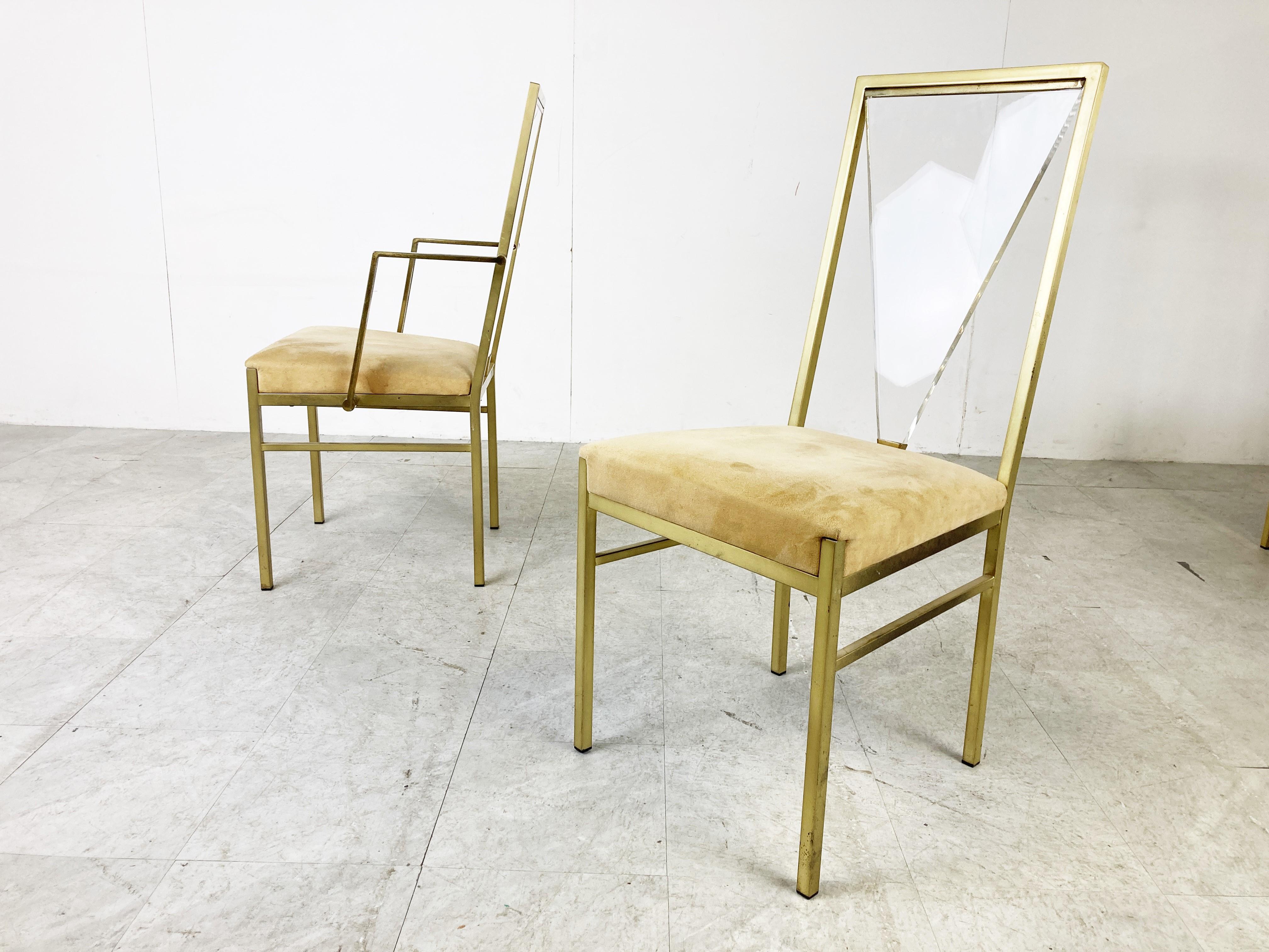 Set of 8 brass and lucite back dining chairs by Belgocrhom with a beige alcantara upholstery.

2 out of 8 chairs have armrests, as they where usually put at the table's end.

These chairs bring up the seventies and eighties glam atmosphere back