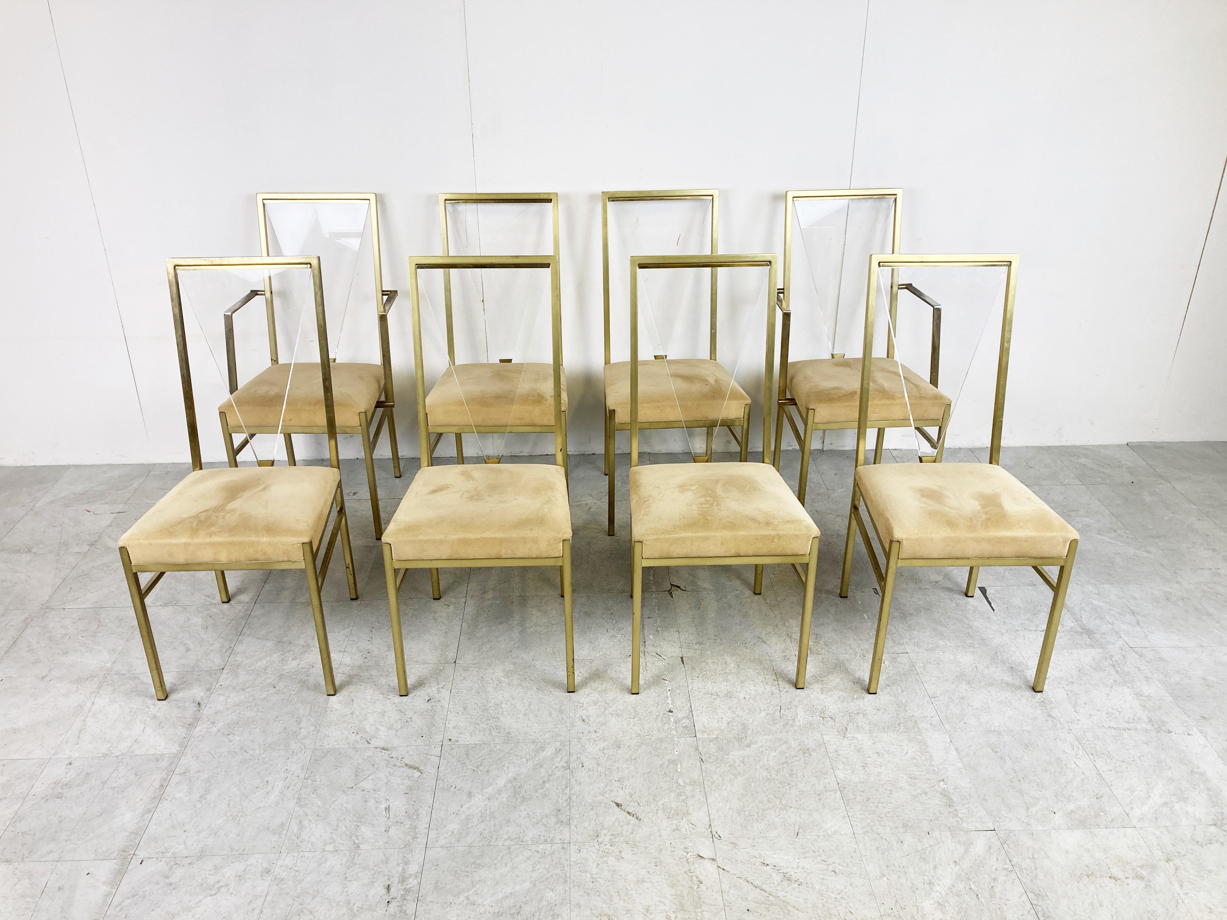 Hollywood Regency Brass and Lucite Dining Chairs by Belgochrom, 1970s, Set of 8