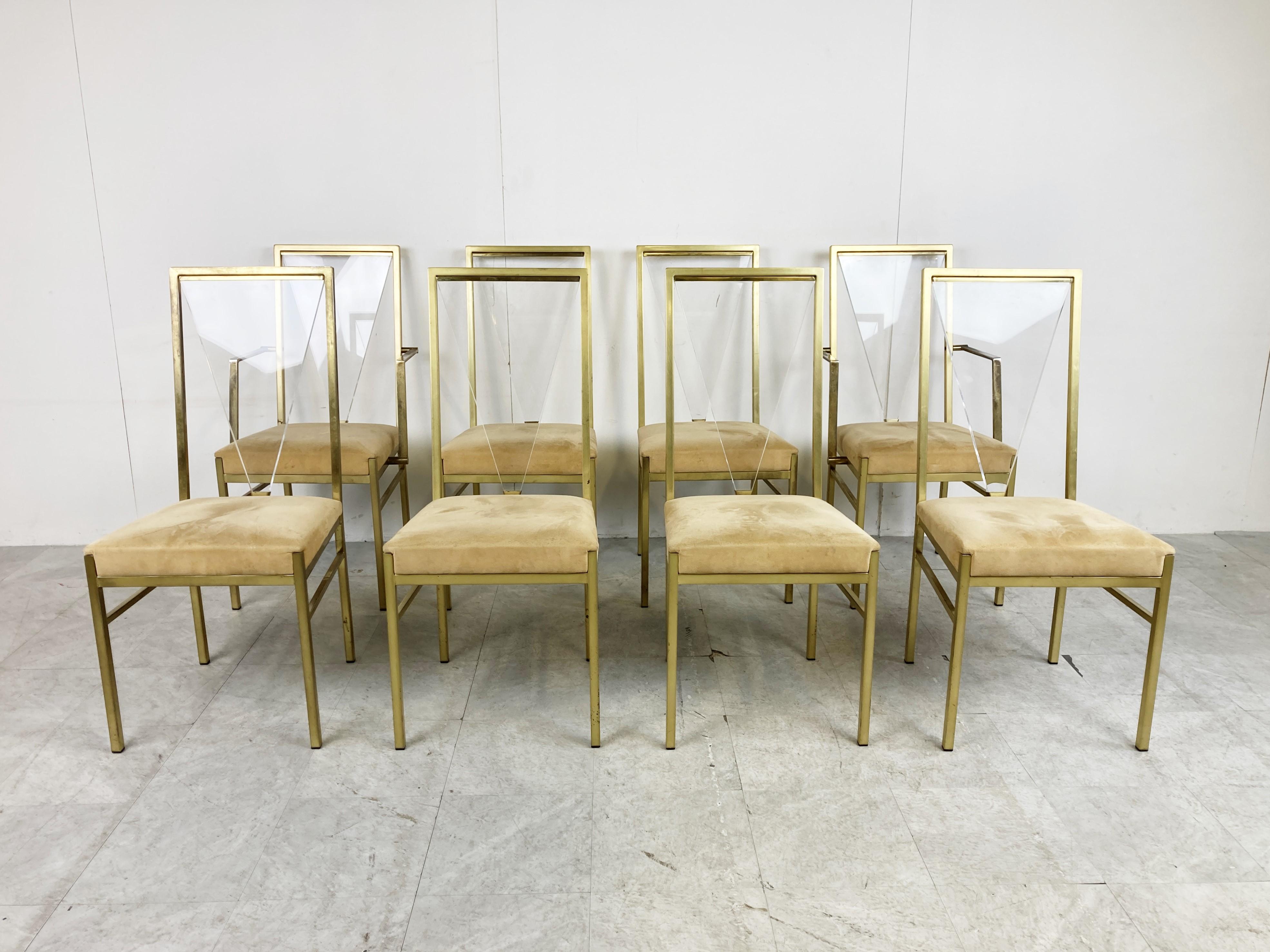Belgian Brass and Lucite Dining Chairs by Belgochrom, 1970s, Set of 8