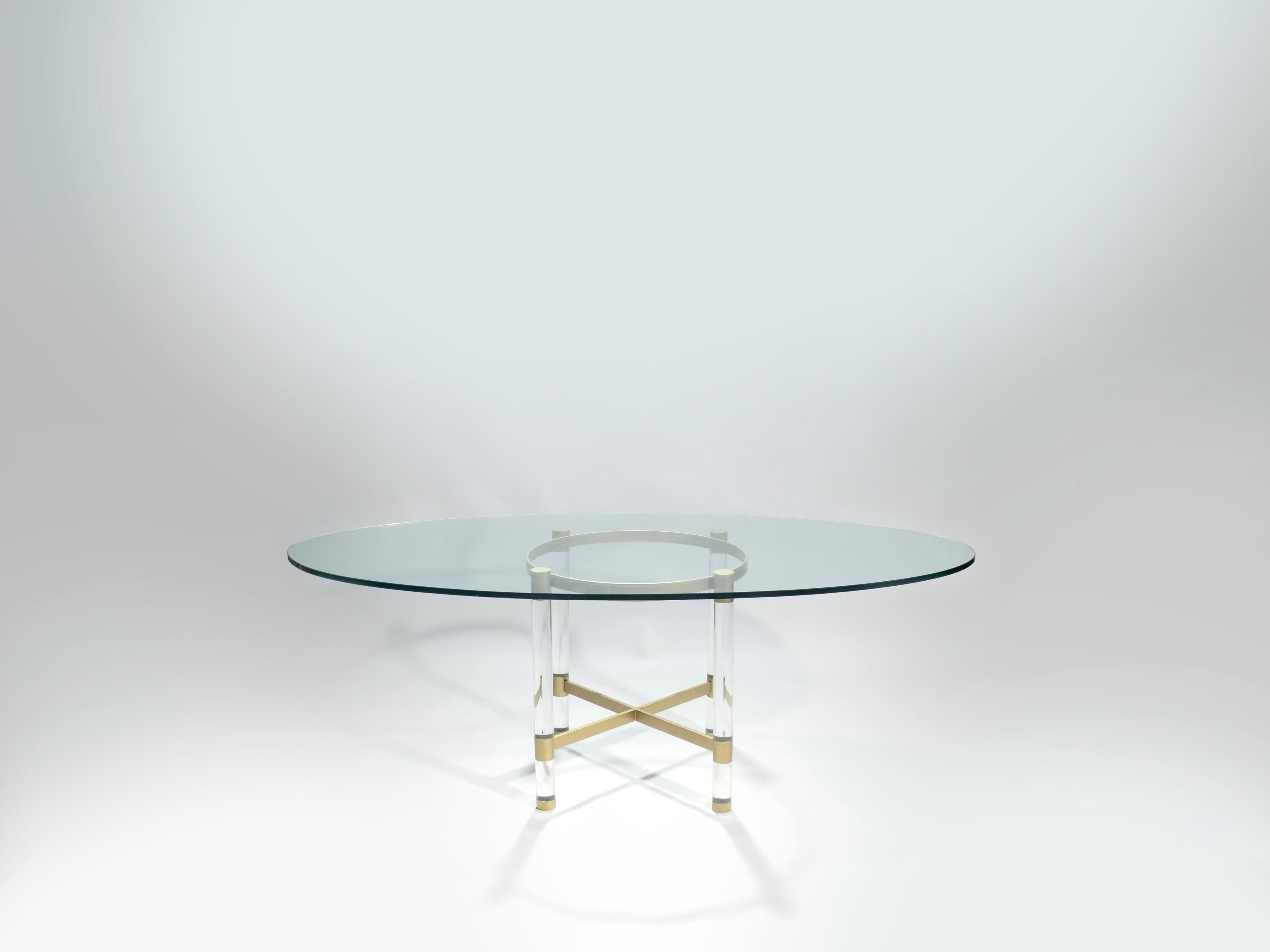 Laiton Table de salle à manger en laiton et Lucite par Sandro Petti pour Metalarte:: 1970 en vente