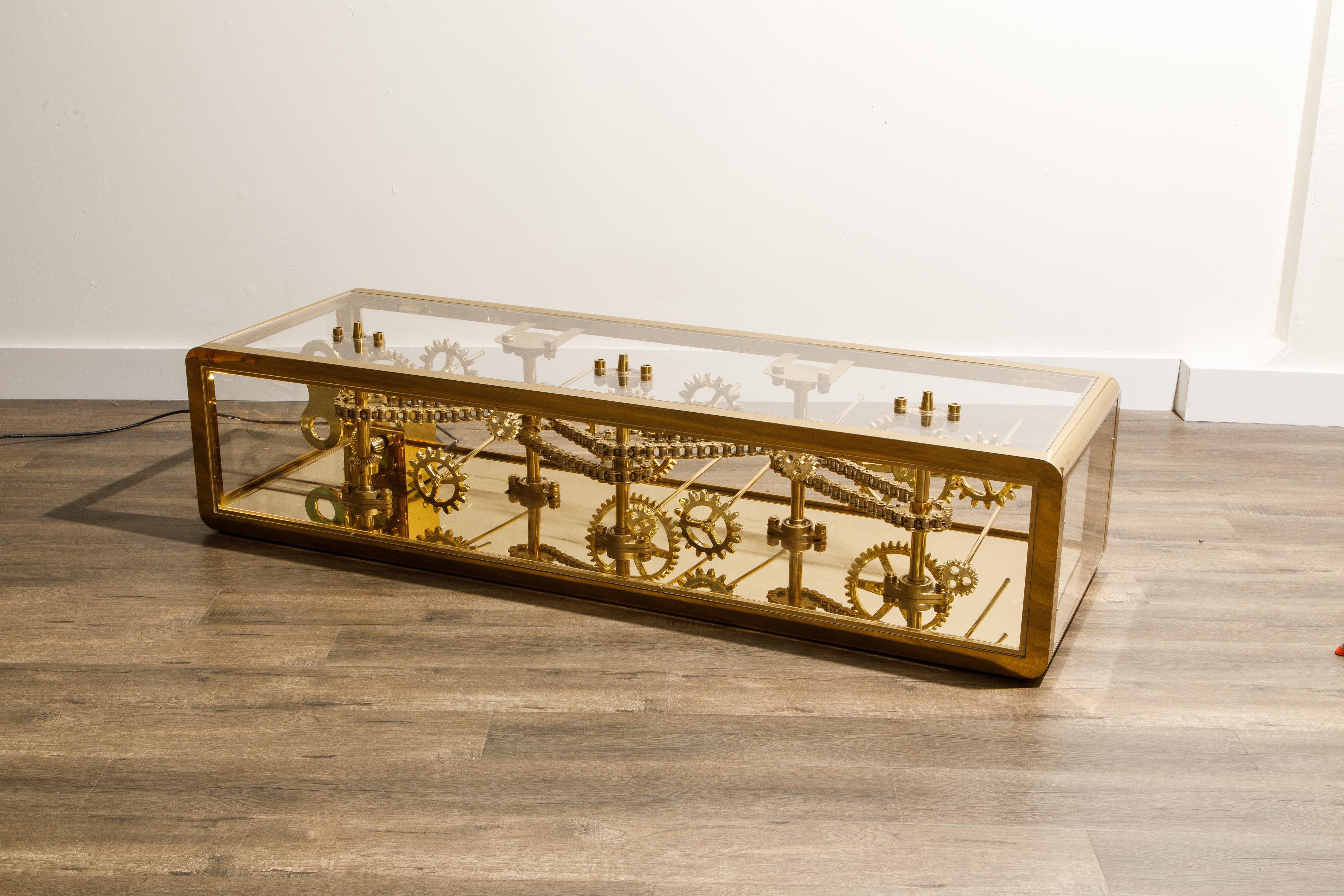 Brass and Lucite Display Coffee Table with Moving Gears 3