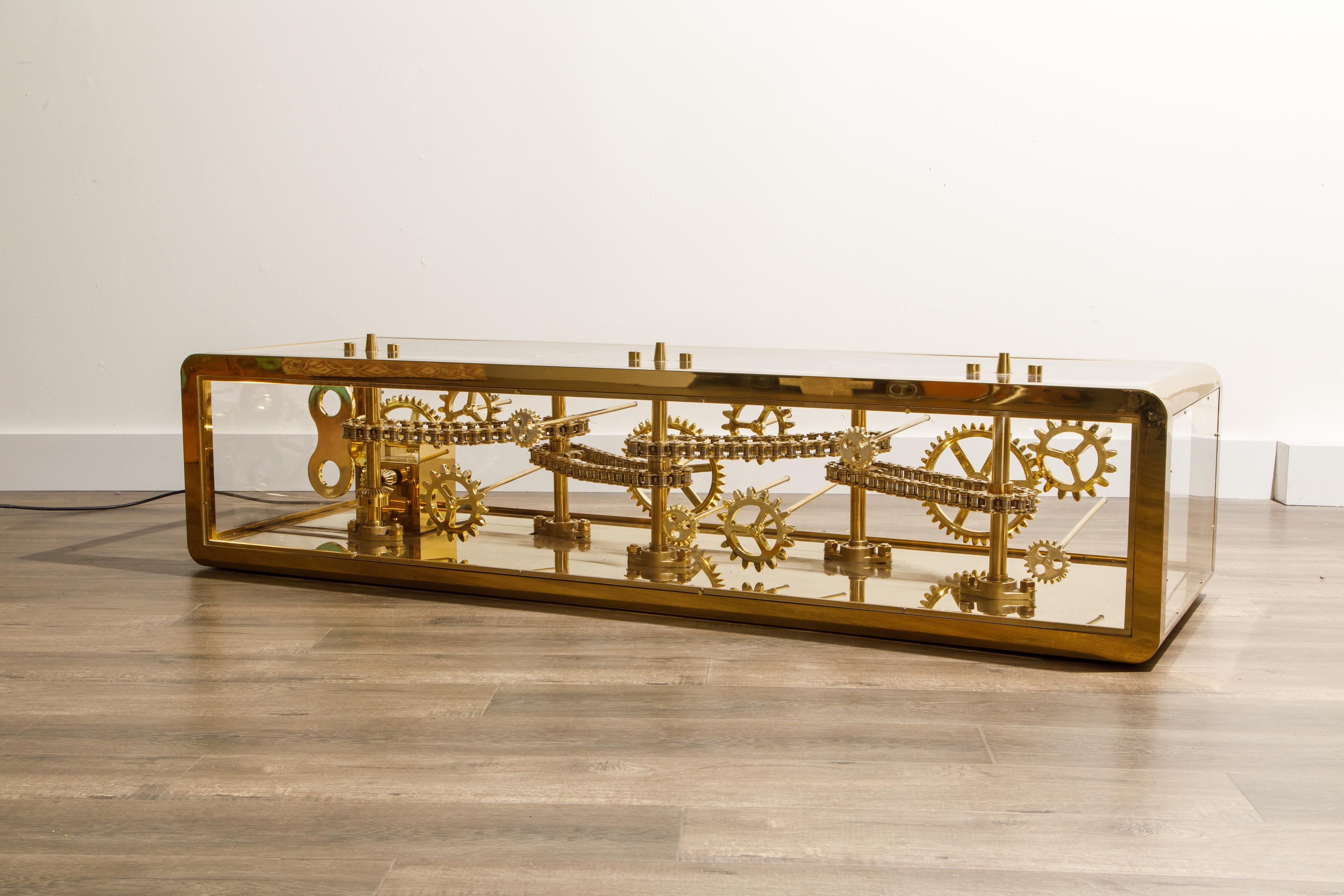 Brass and Lucite Display Coffee Table with Moving Gears 4