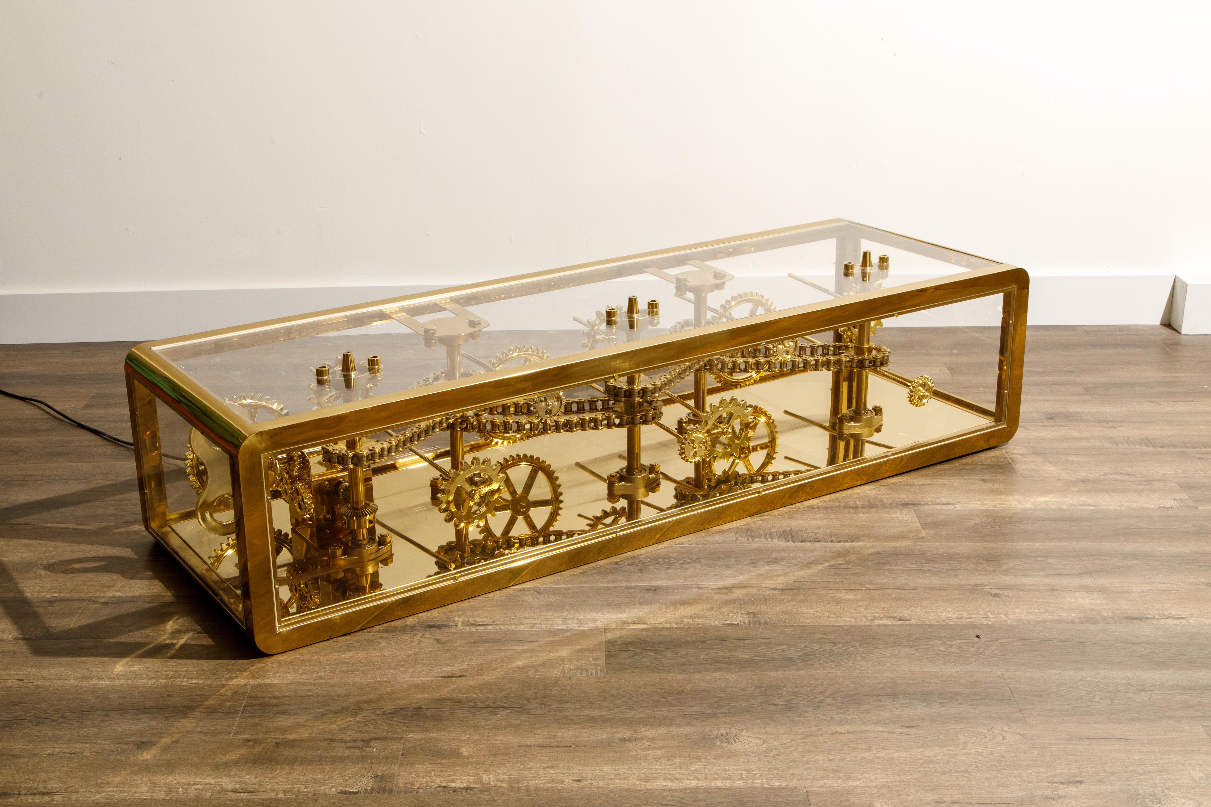 American Brass and Lucite Display Coffee Table with Moving Gears