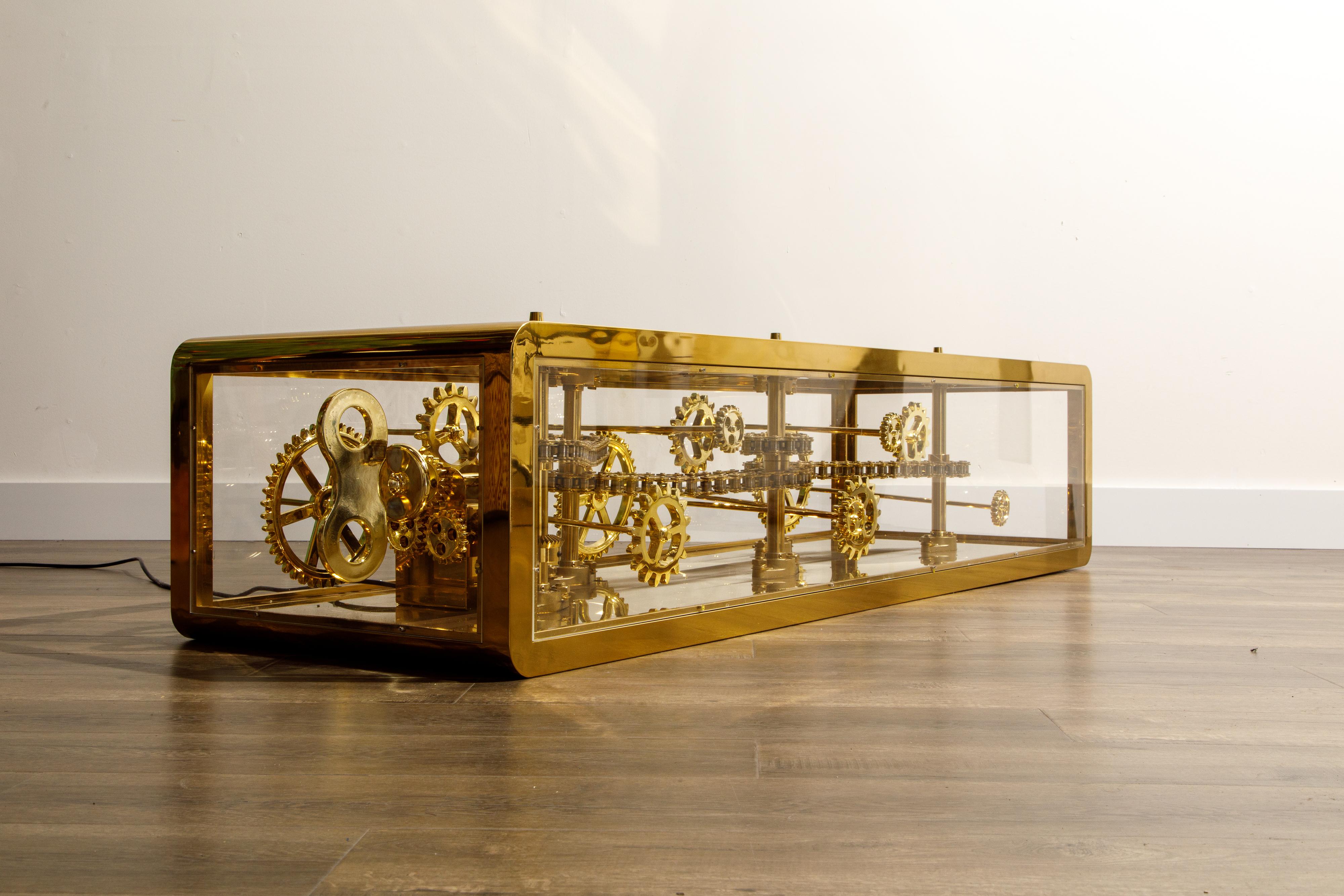 Brass and Lucite Display Coffee Table with Moving Gears In Good Condition In Los Angeles, CA