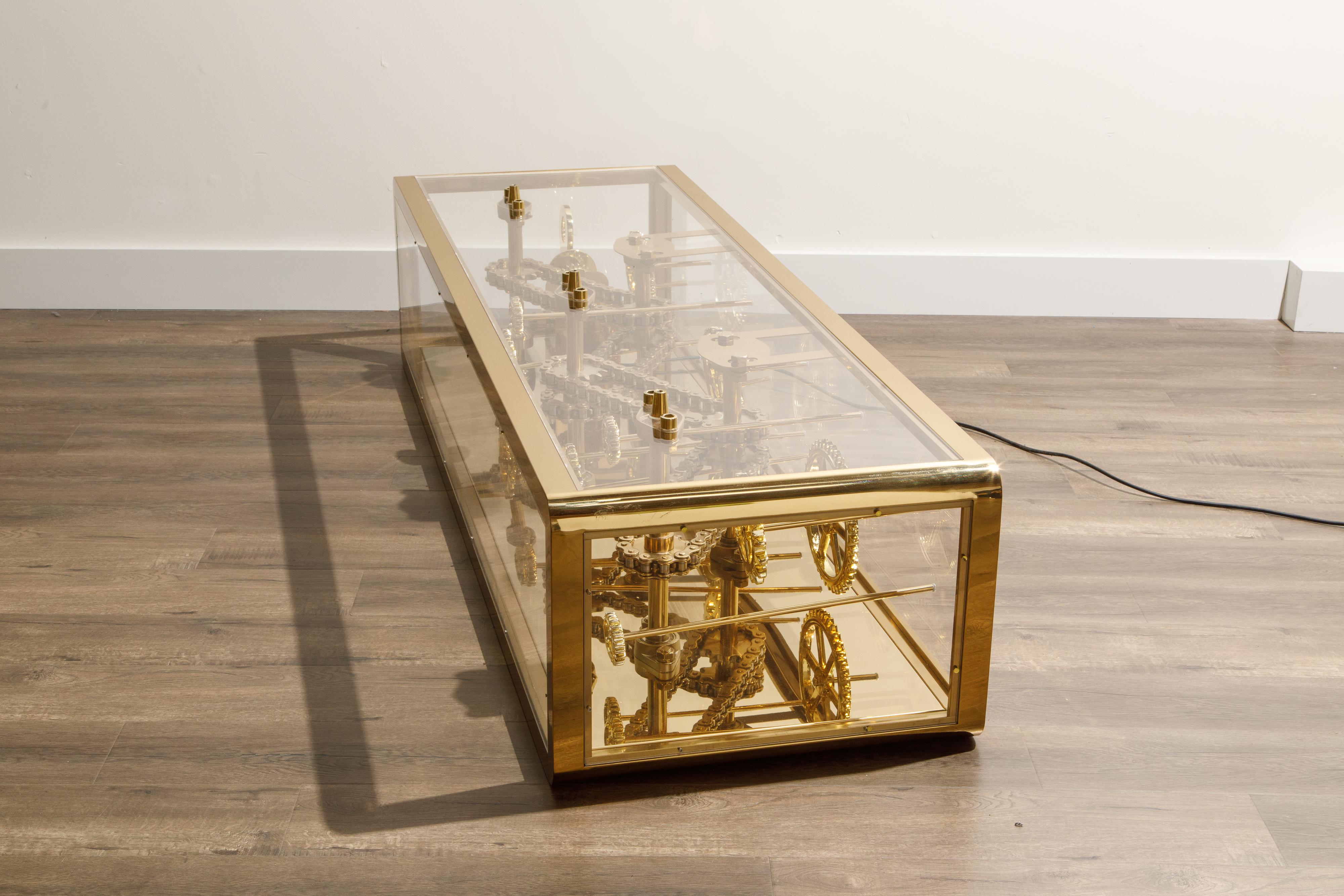 Brass and Lucite Display Coffee Table with Moving Gears 1