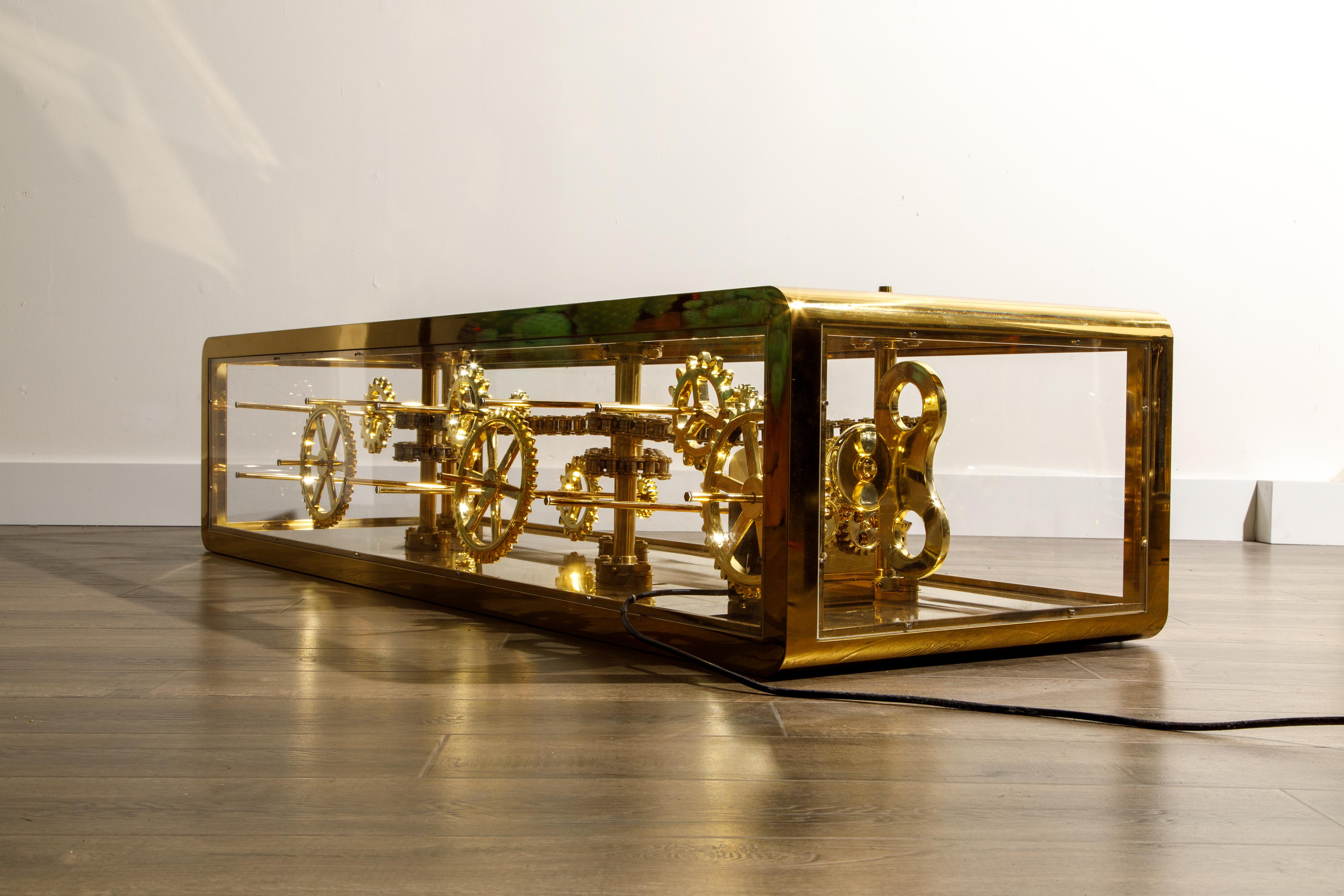 Brass and Lucite Display Coffee Table with Moving Gears 2