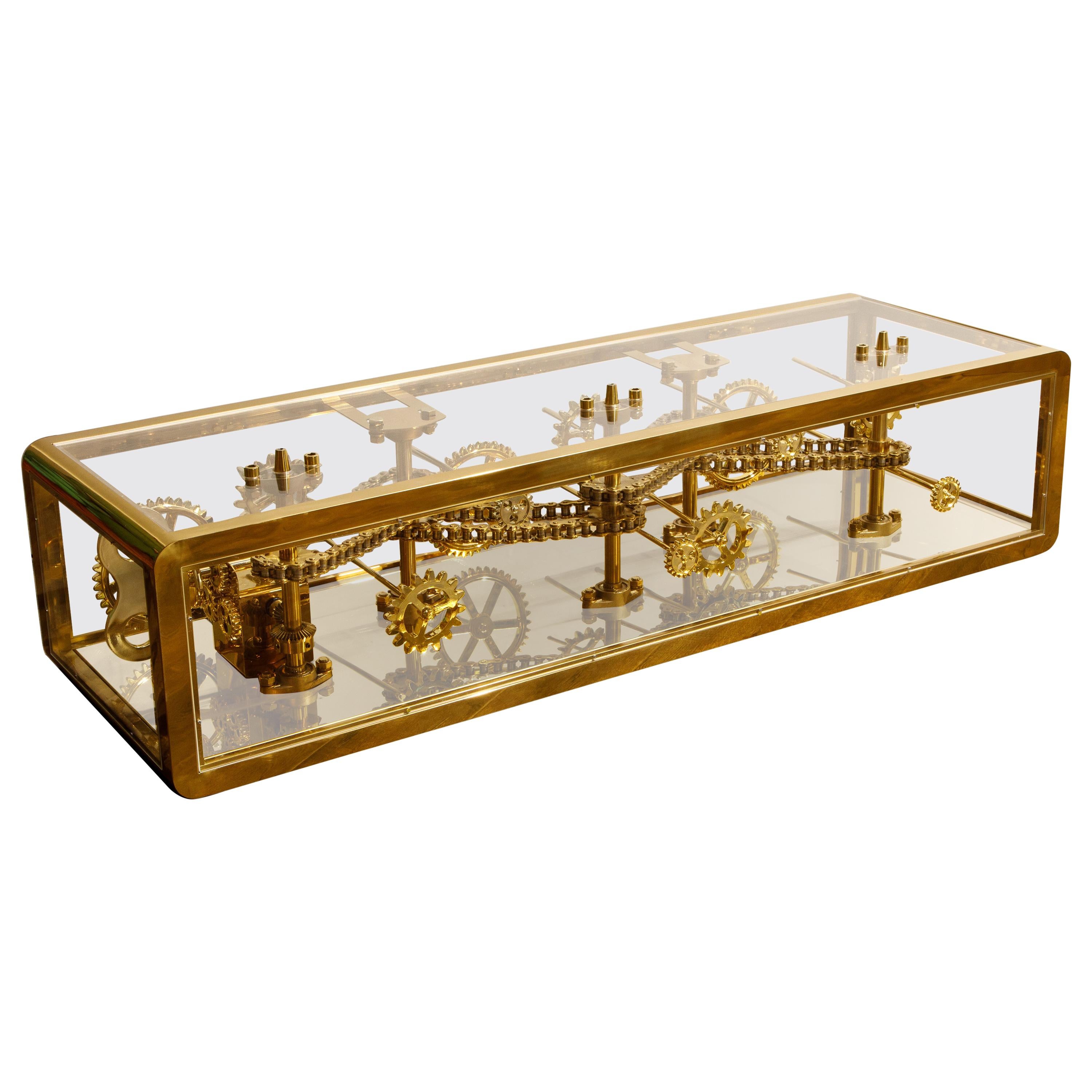 Brass and Lucite Display Coffee Table with Moving Gears