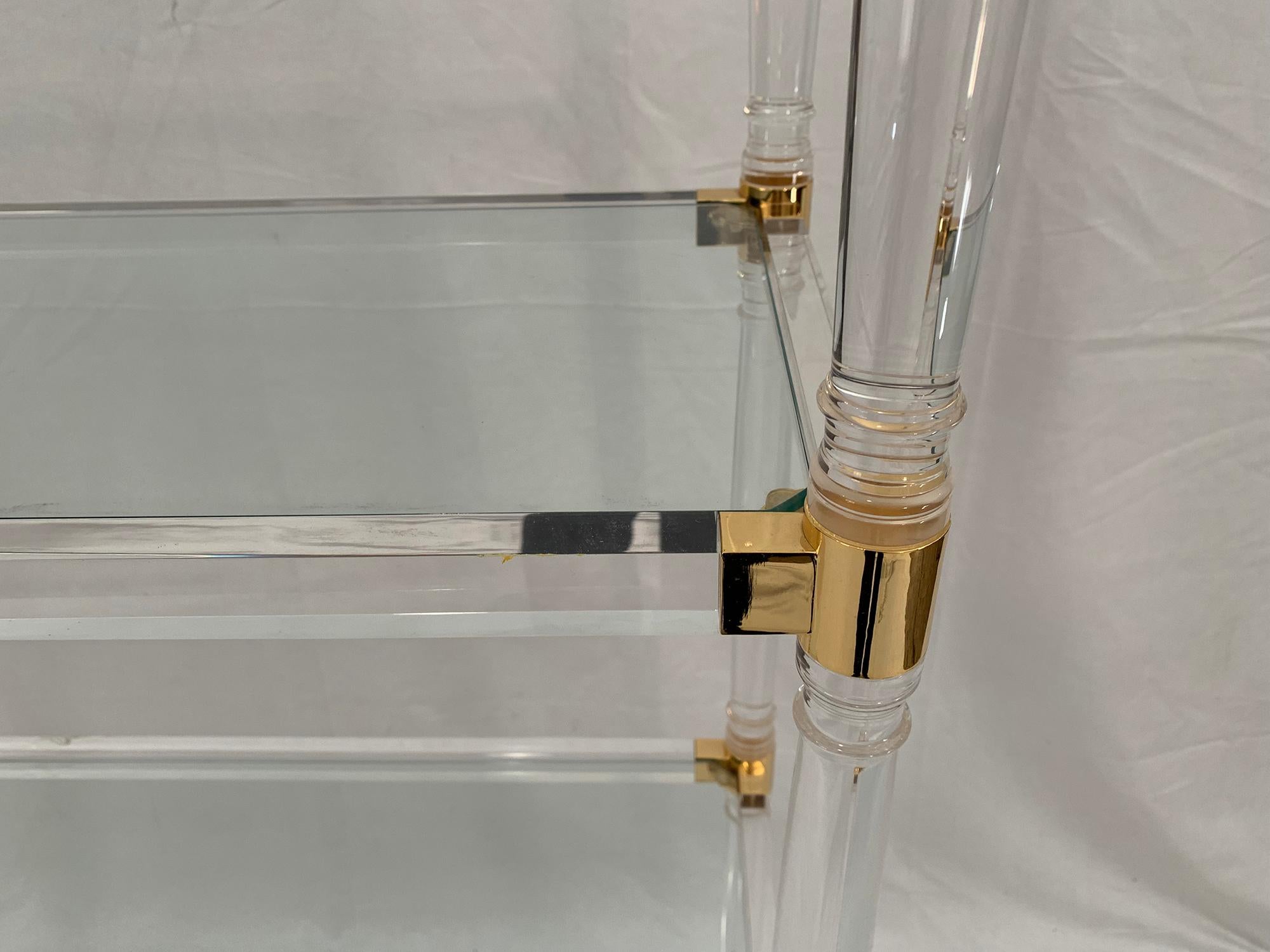 Mid-Century Modern Brass and Lucite Shelves with Glass Top For Sale