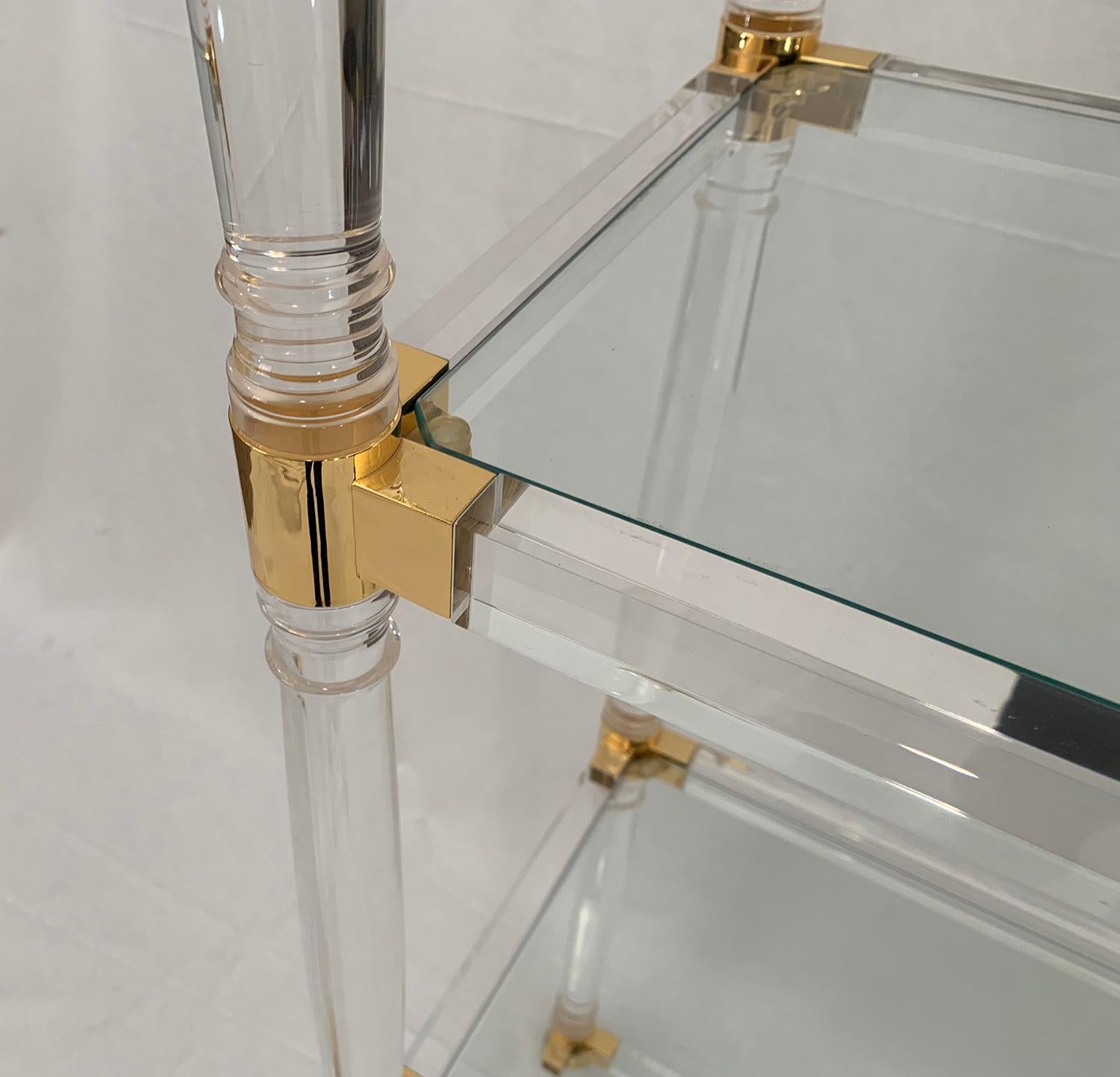 French Brass and Lucite Shelves with Glass Top For Sale