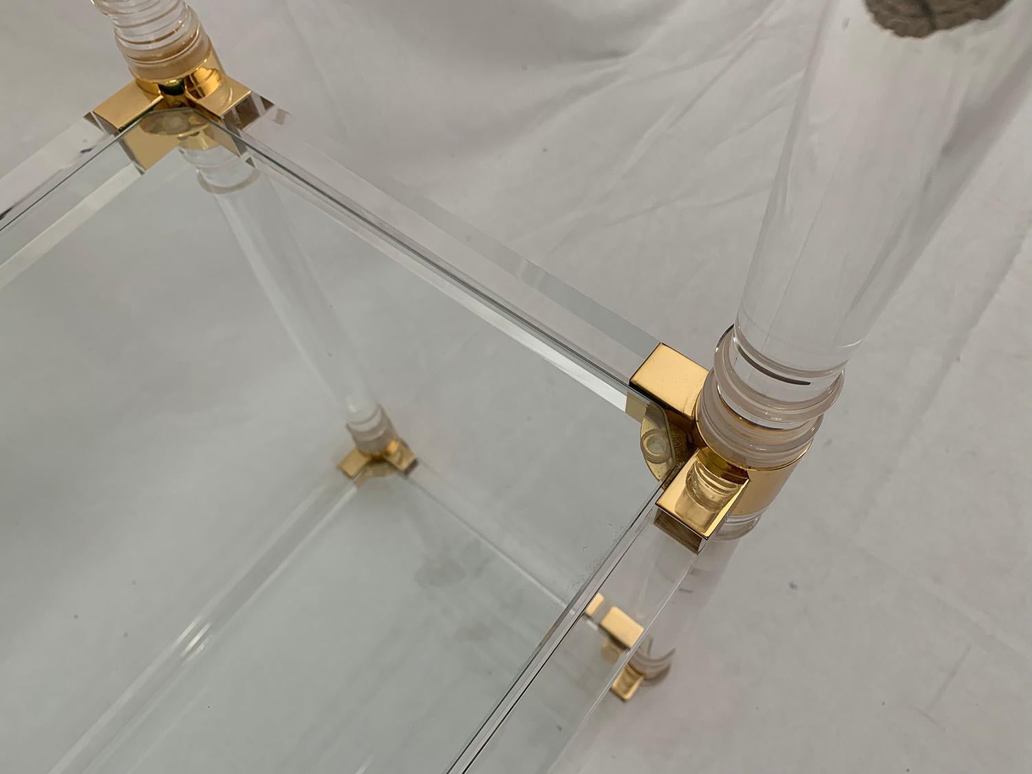 Late 20th Century Brass and Lucite Shelves with Glass Top For Sale