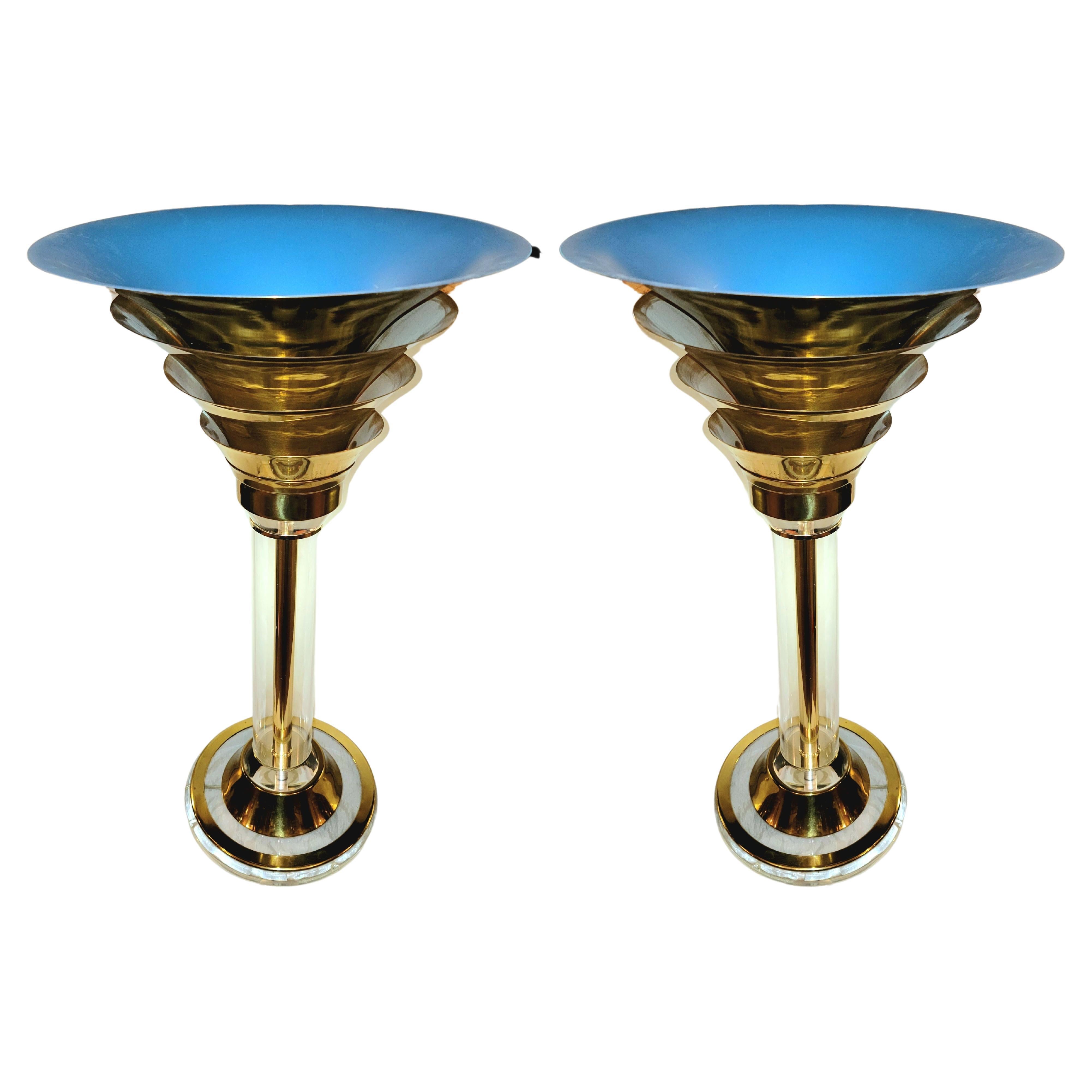 Brass and Luite Karl Springer Art Deco Table lamps The interrior of the stem is a brass that extends from the base upward to the diffusor styled top shades. Each layer allow for light to be dffused and escape at different angles. The Inner top