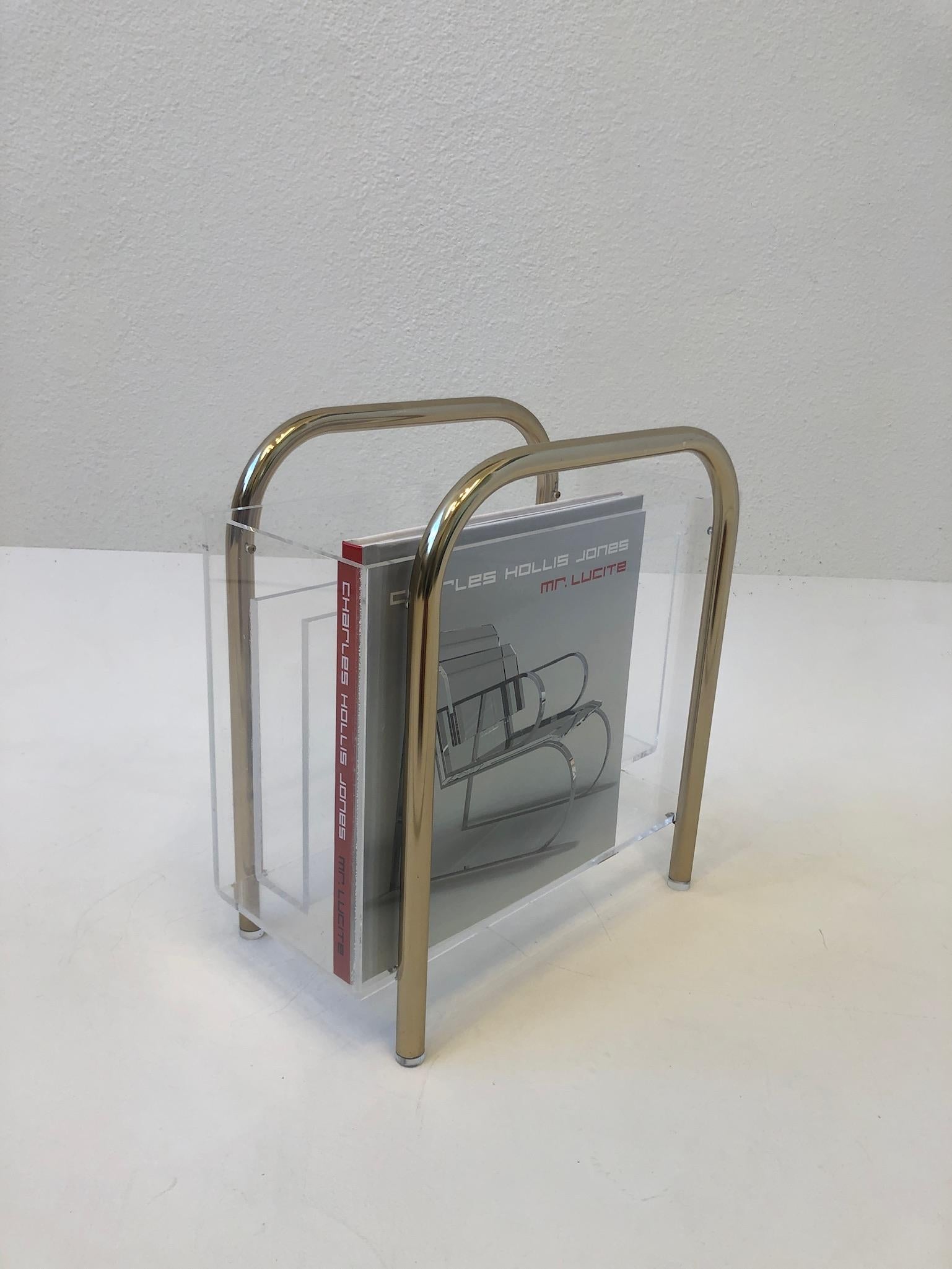 Mid-Century Modern Brass and Lucite Magazine Holder by Charles Hollis Jone For Sale