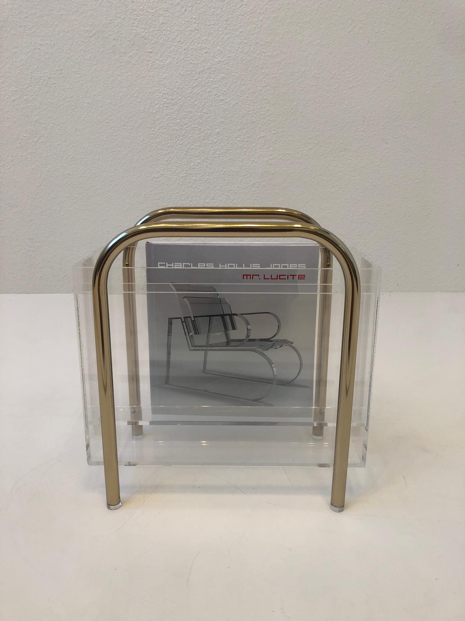 American Brass and Lucite Magazine Holder by Charles Hollis Jone For Sale