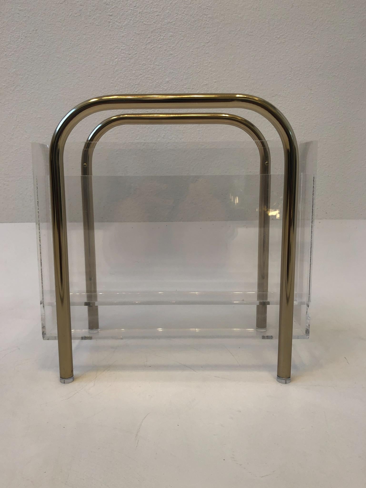 Polished Brass and Lucite Magazine Holder by Charles Hollis Jone For Sale