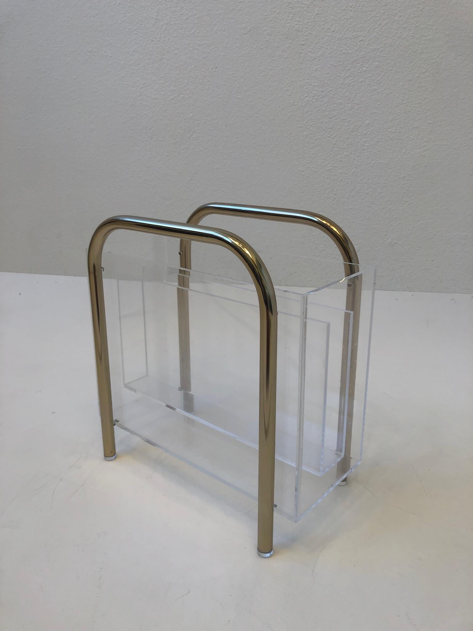 Brass and Lucite Magazine Holder by Charles Hollis Jone In Good Condition For Sale In Palm Springs, CA