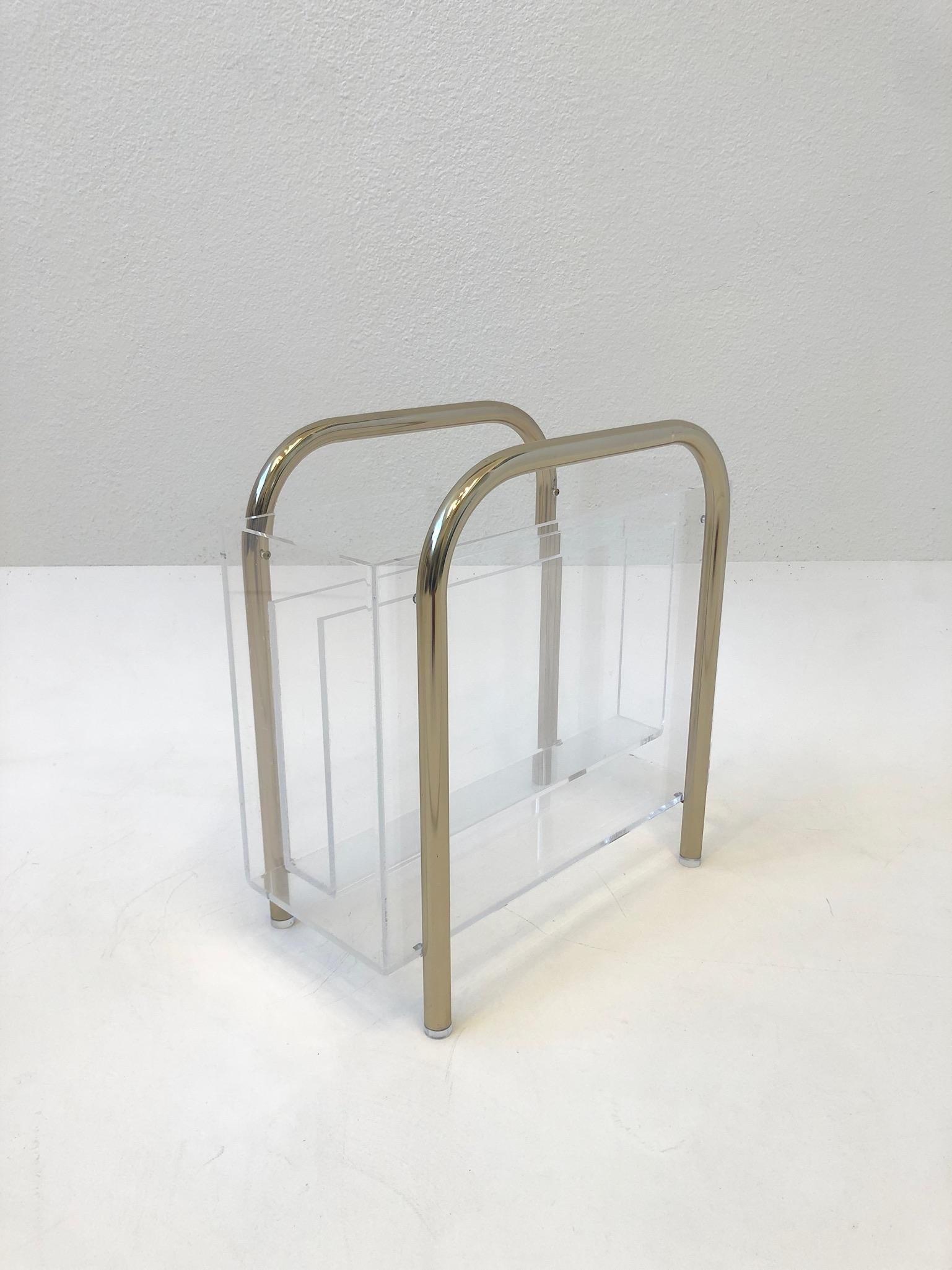 Late 20th Century Brass and Lucite Magazine Holder by Charles Hollis Jone For Sale