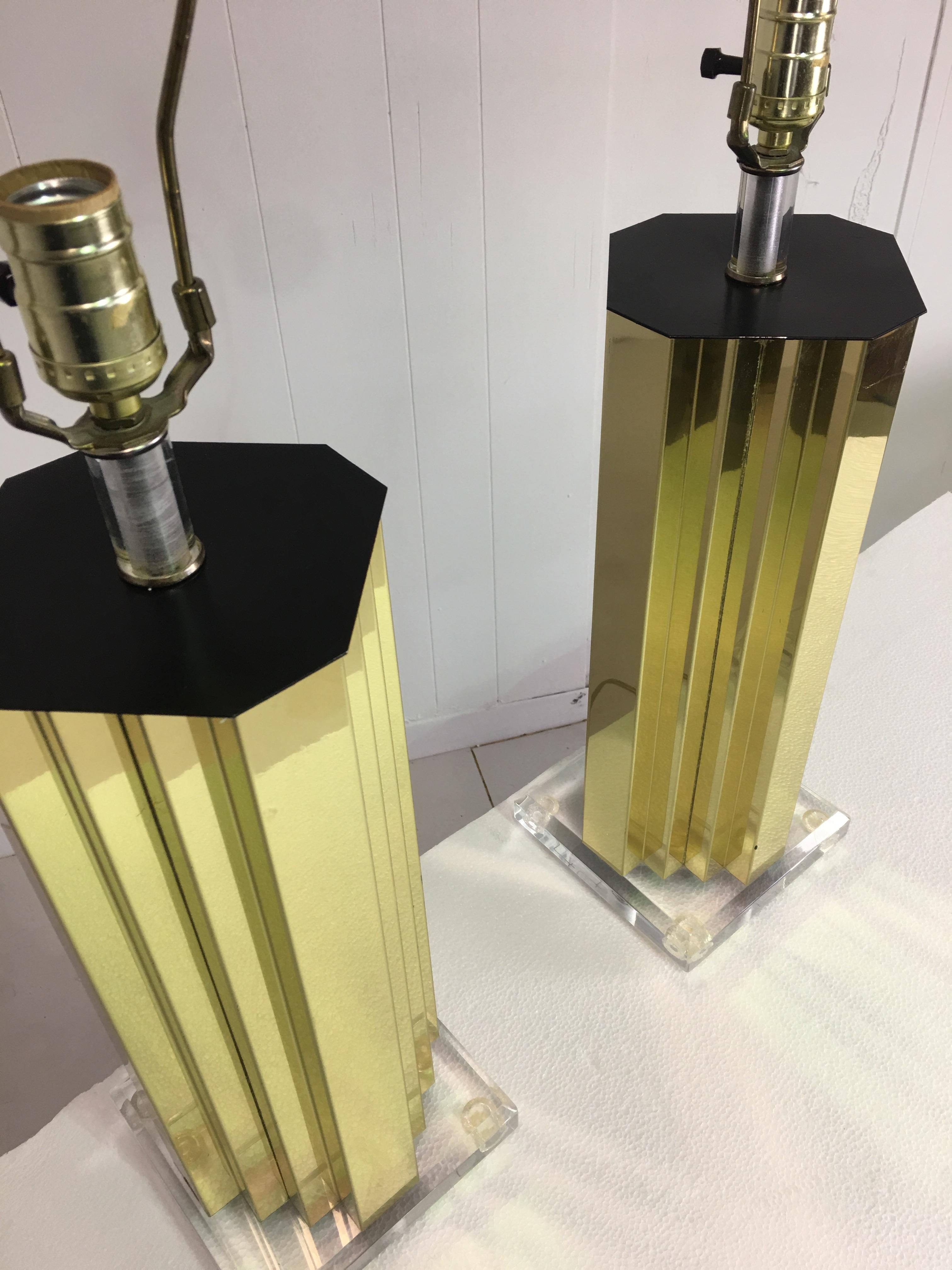 Mid-Century Modern Brass and Lucite Table Lamp, Pair