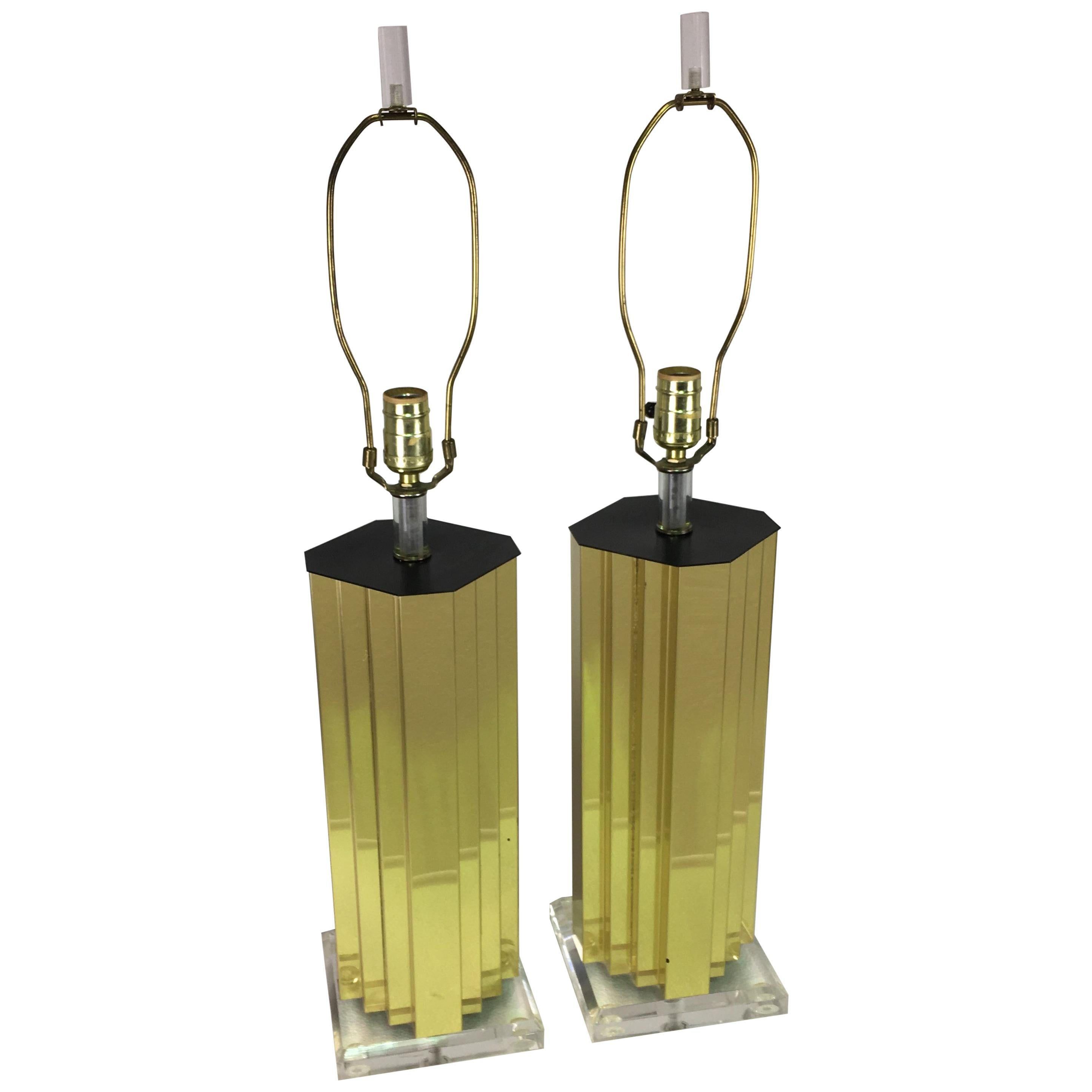 Brass and Lucite Table Lamp, Pair