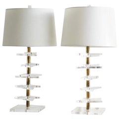 Brass and Lucite Table Lamps, Pair