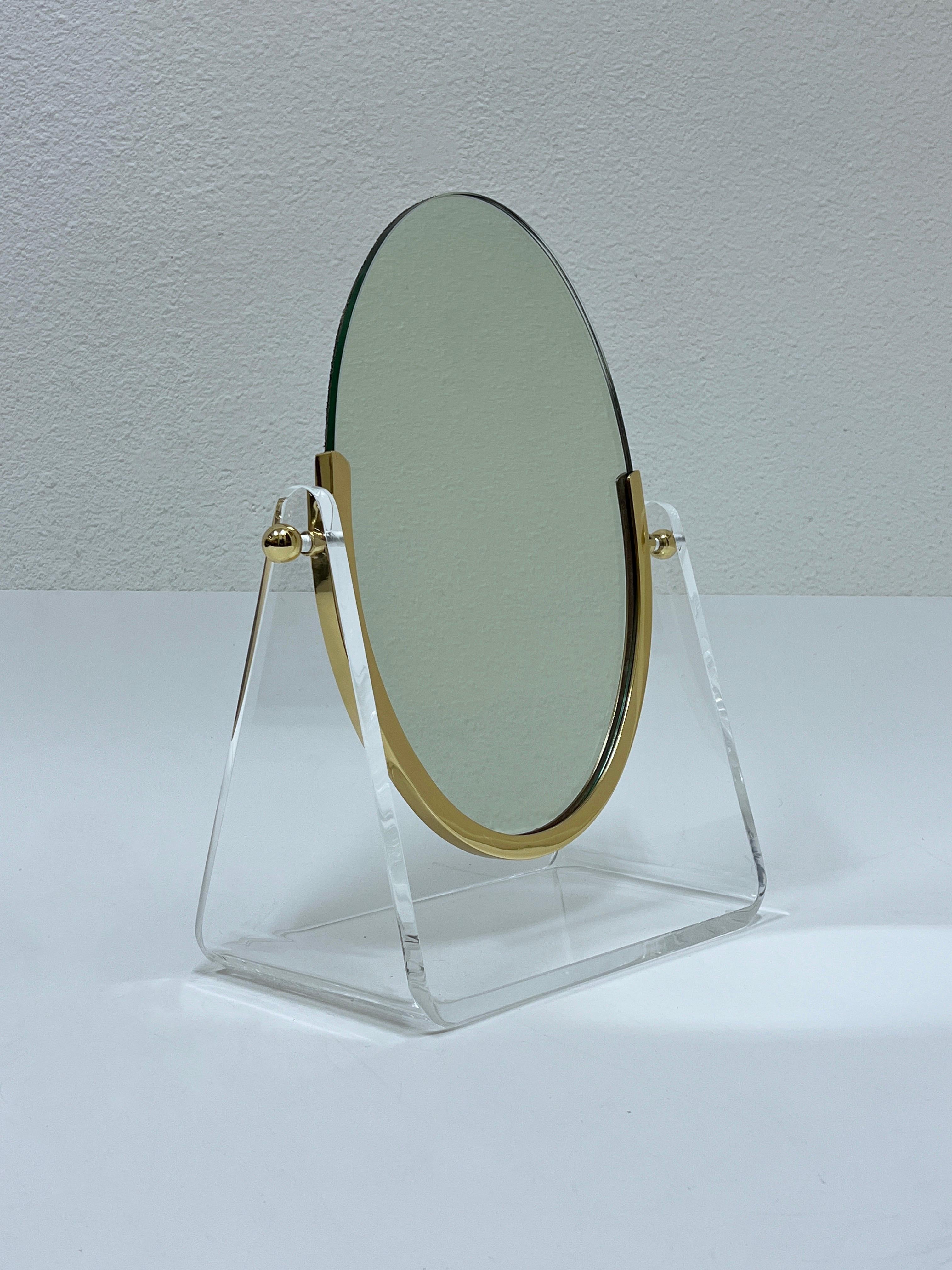Brass and Lucite Vanity Mirror by Charles Hollis Jones In Good Condition For Sale In Palm Springs, CA