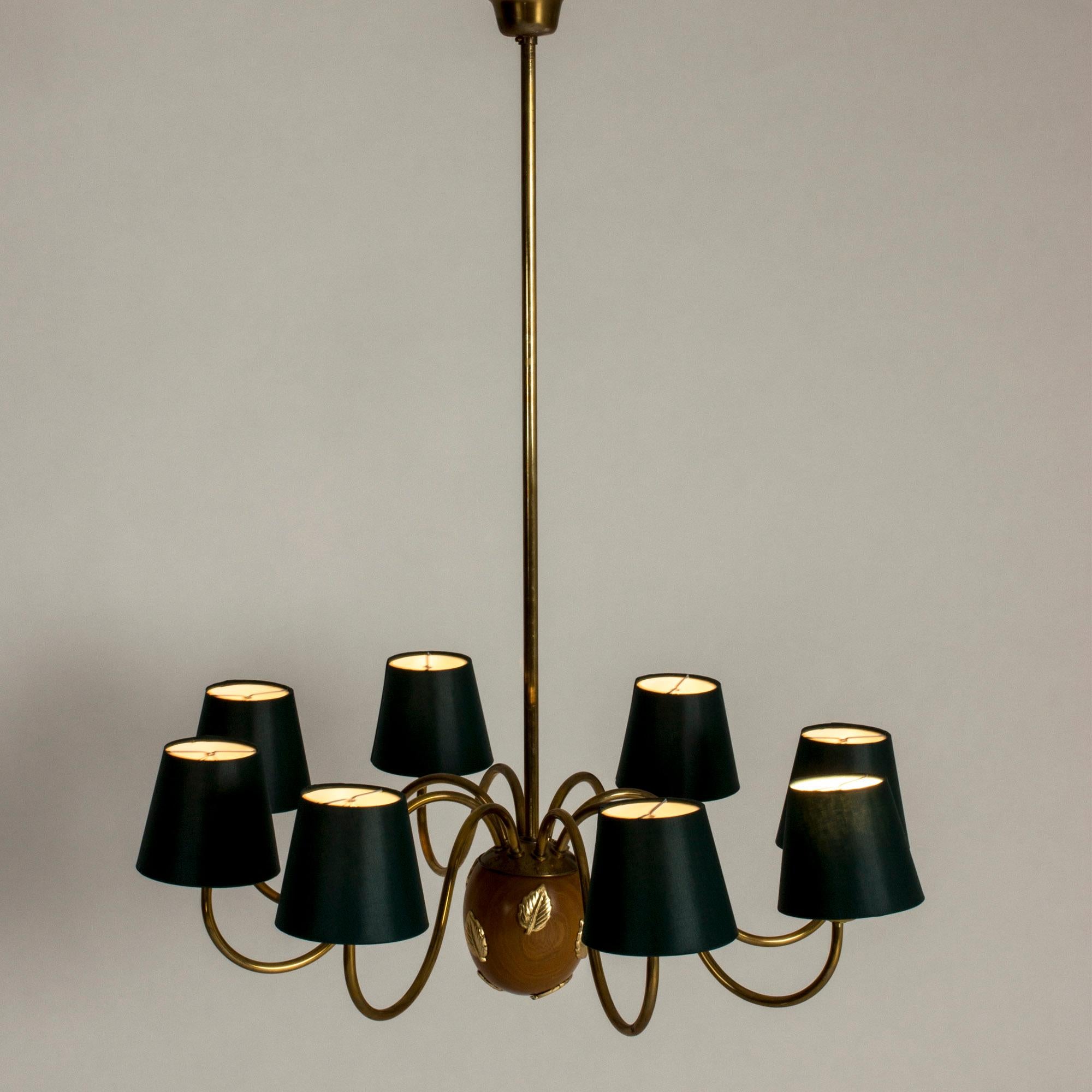 Scandinavian Modern Brass and Mahogany Chandelier by Hans Bergström for Ateljé Lyktan, Sweden, 1950s