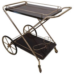 Brass and Mahogany Folding Serving Trolley Bar Cart, 1950s Brass and Mahogany Folding Serving Trolley Bar Cart, 1950s