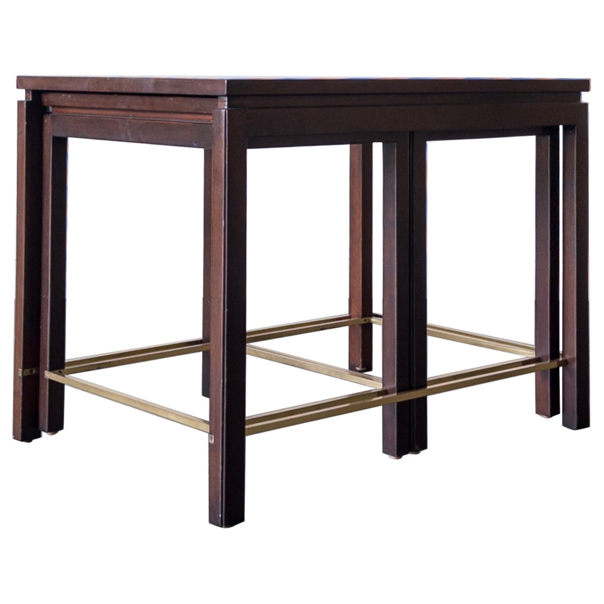 Brass and Mahogany Nesting Table Set by Edward Wormley for Dunbar