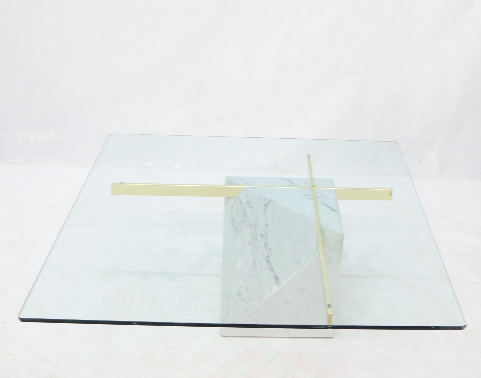 Mid-Century Modern marble and brass base large square glass top coffee table.