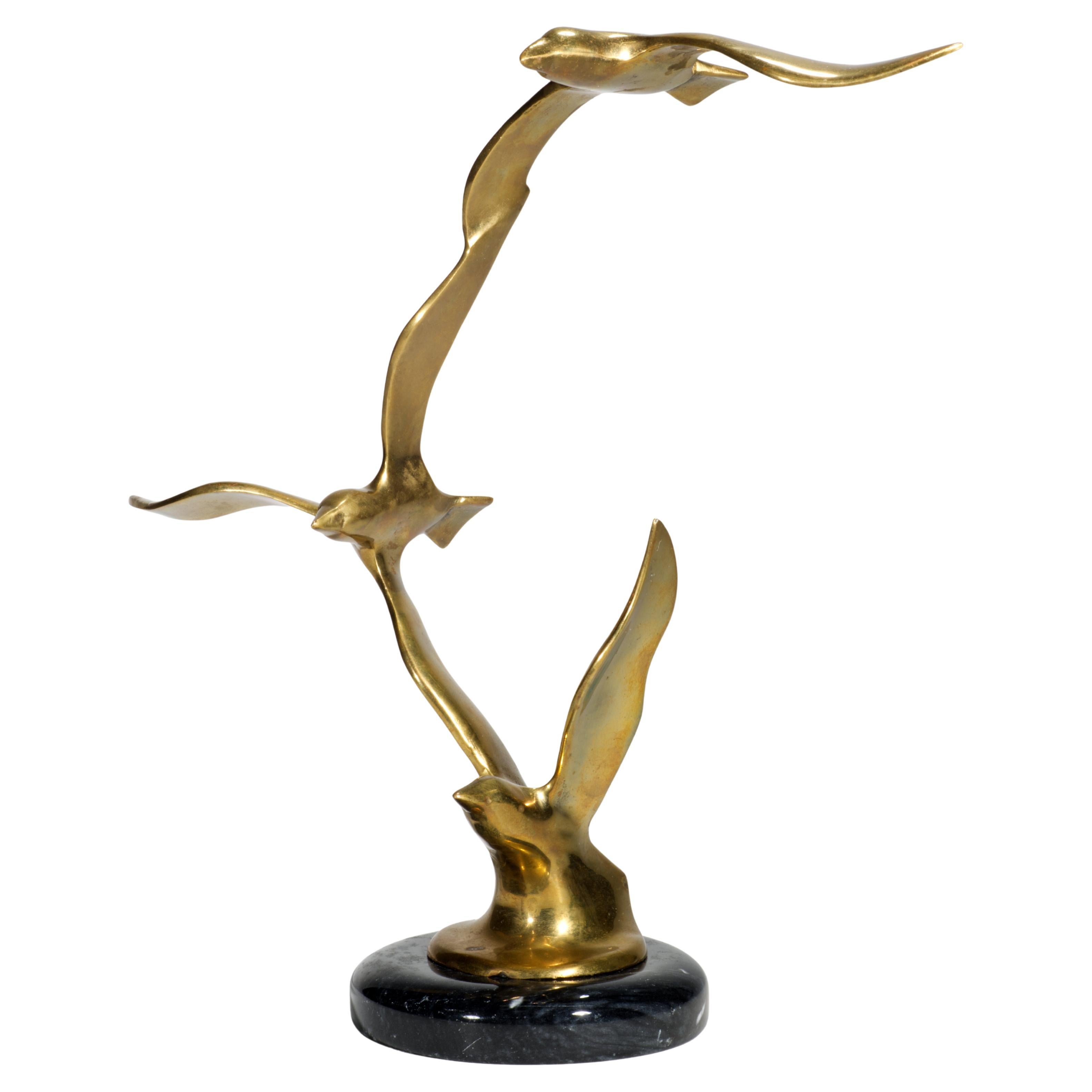 Brass and Marble Birds in Flight Seagulls Sculpture in Style of Curtis Jere