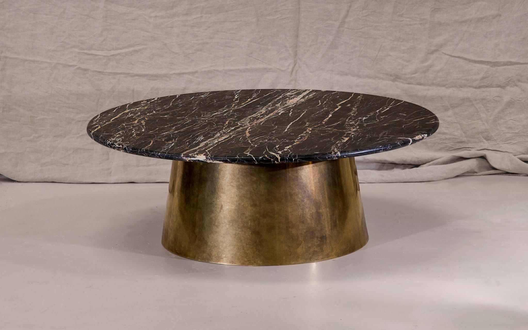 Brass and marble coffee table signed by Novocastrian
Dimensions: 35 x 100 x 100 cm
Materials: Rare British Marble (subject to availability), base in Patinated Brass
Each iteration is a truly unique creation, many of the available marbles will