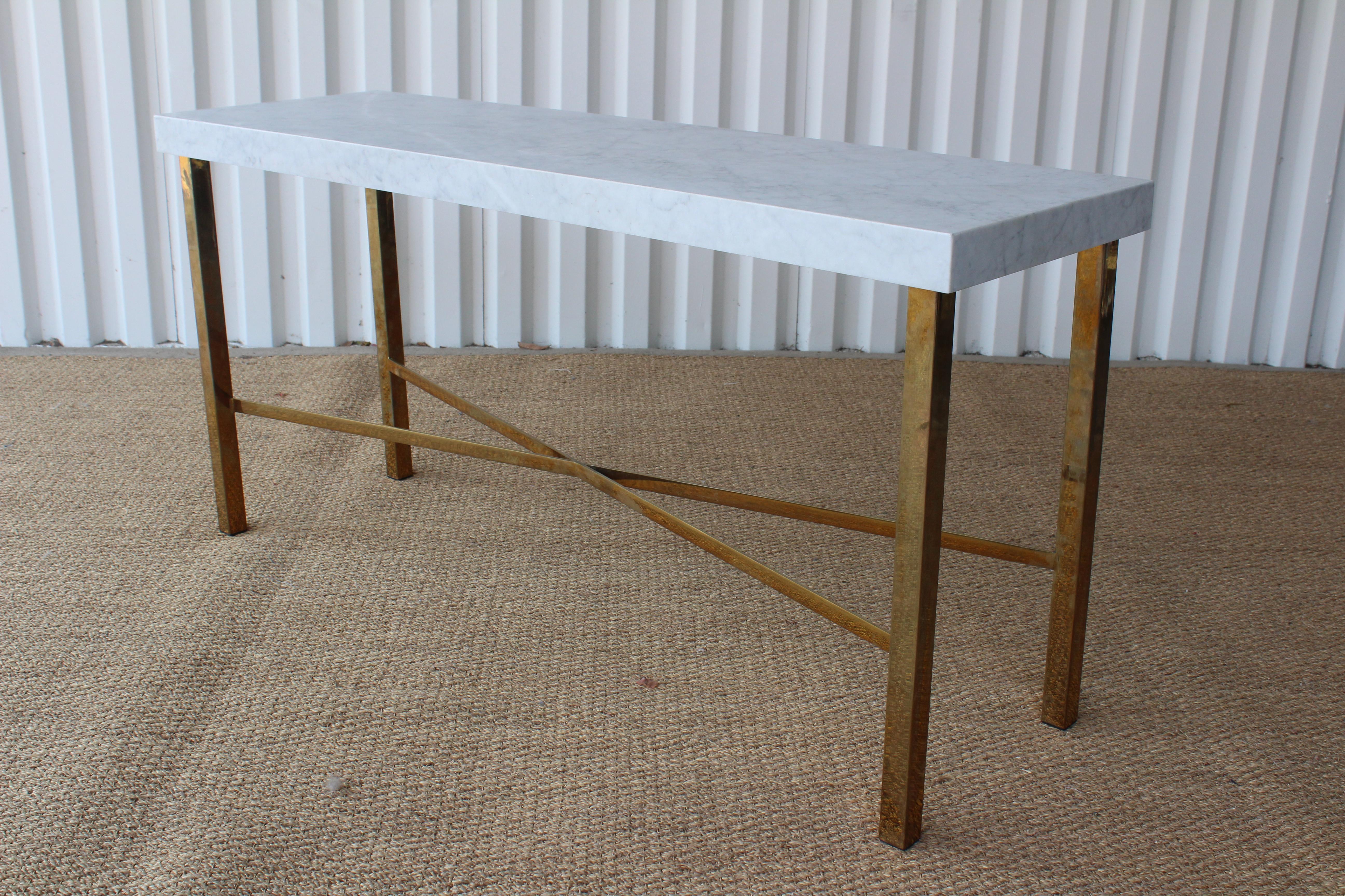 Brass-plated console table with marble top, U.S.A, 1970s. Brass shows age appropriate patina.